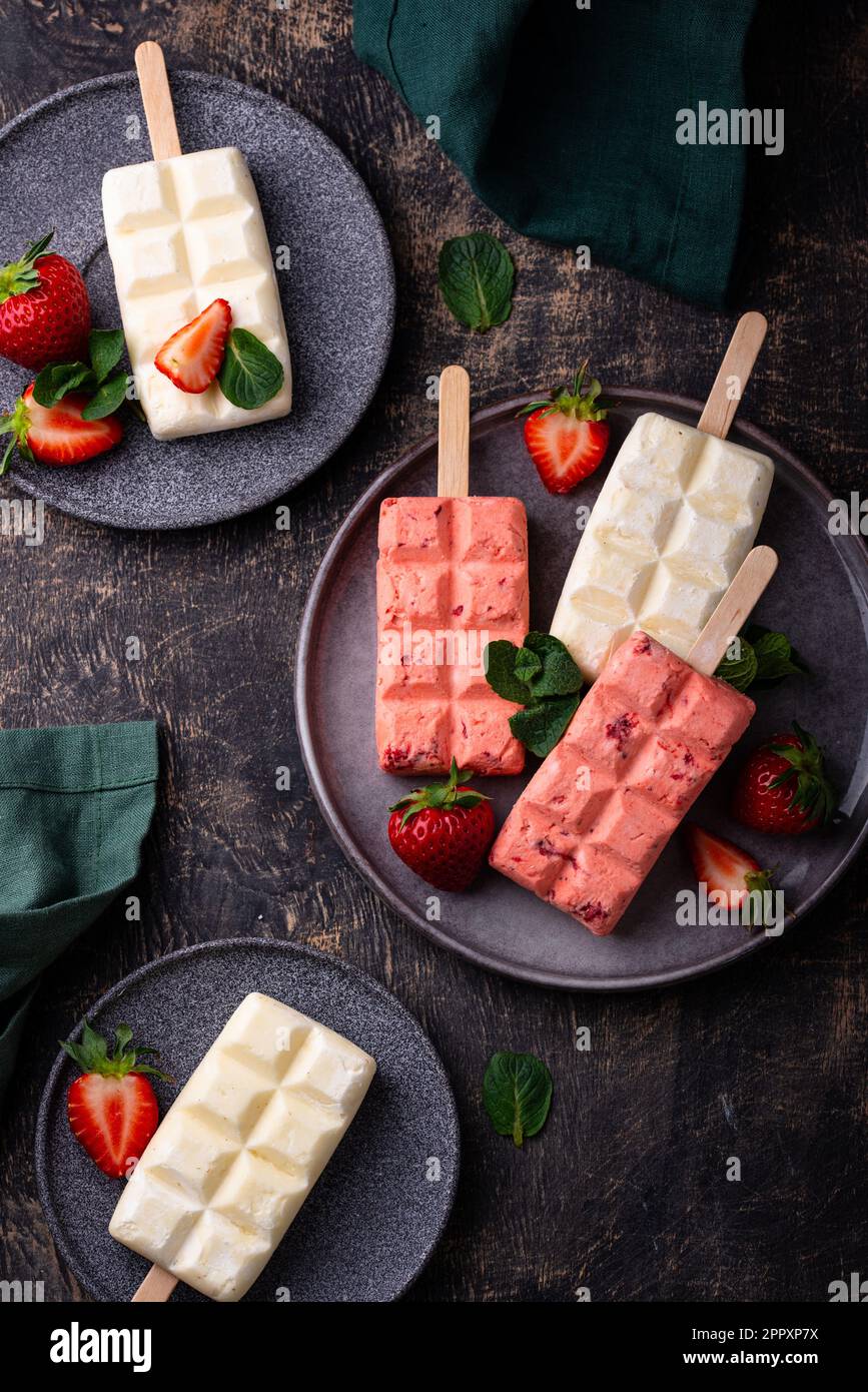 Strawberry ice cream pop sicle with mint Stock Photo Alamy