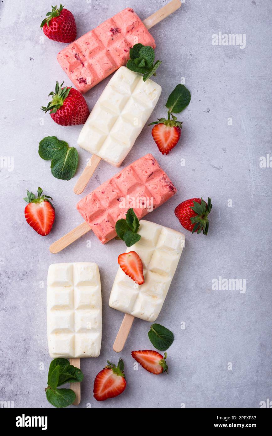 Strawberry ice cream pop sicle with mint Stock Photo Alamy