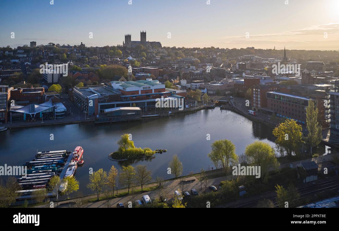 Aerial showing the City of Lincoln with the brayford pool in the