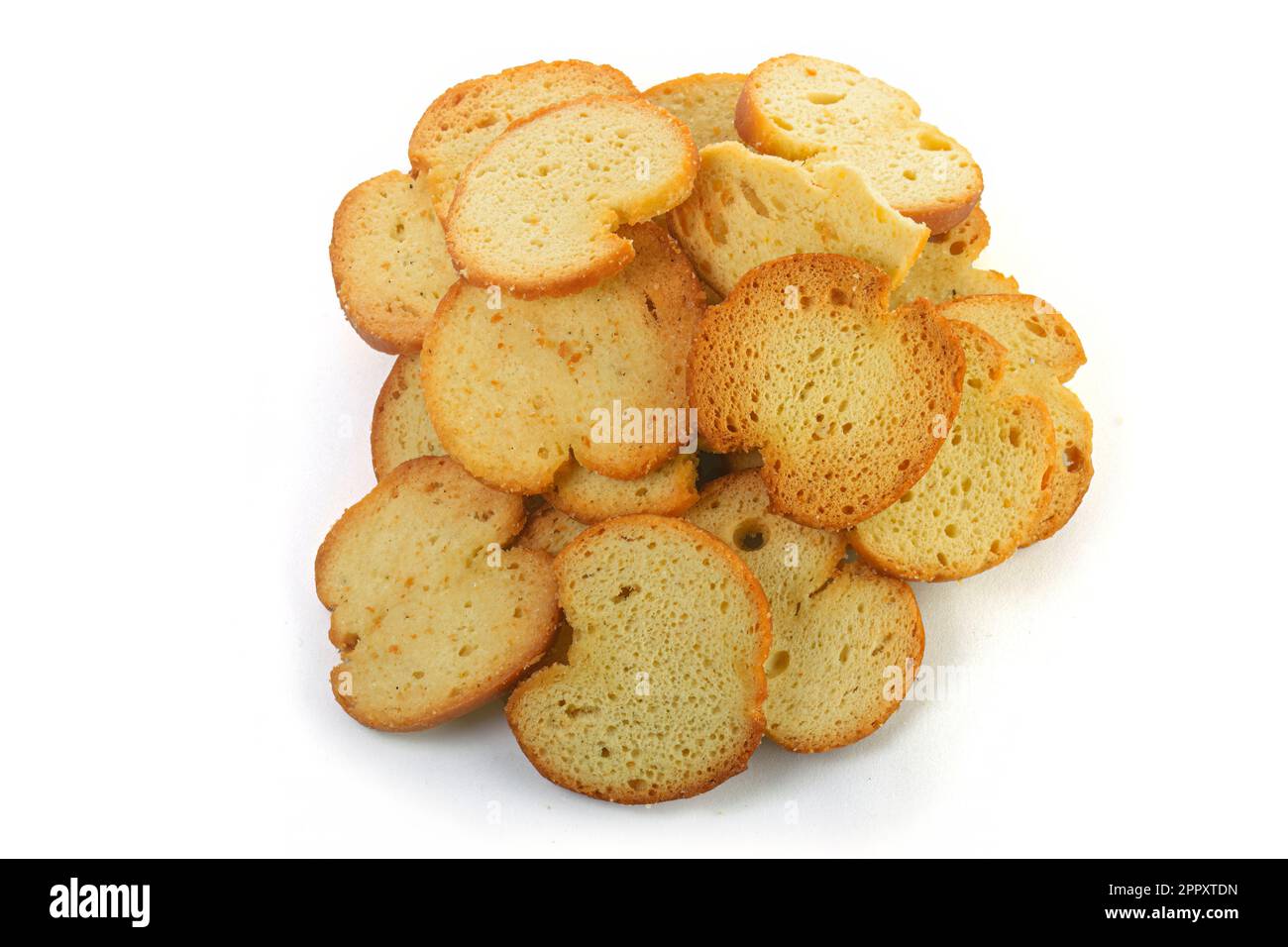 Italian bruschetta mini rounded bread chips isolated on white