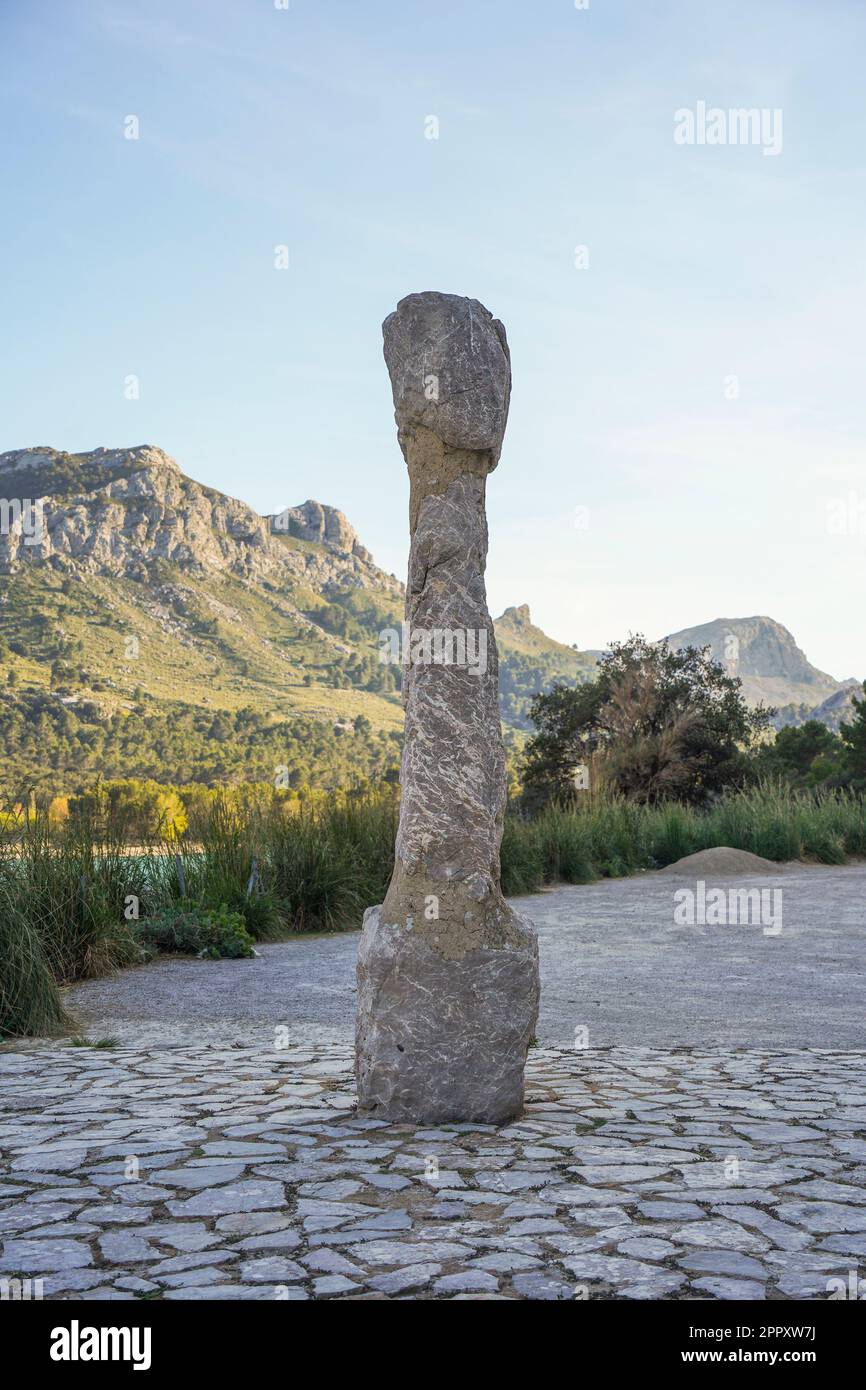 Santuario Columna, Ancient column Talaiotic culture at the Gorg Blau a artificial lake Tramuntana mountains, Sierra de Tramontana in Mallorca, Spain. Stock Photo