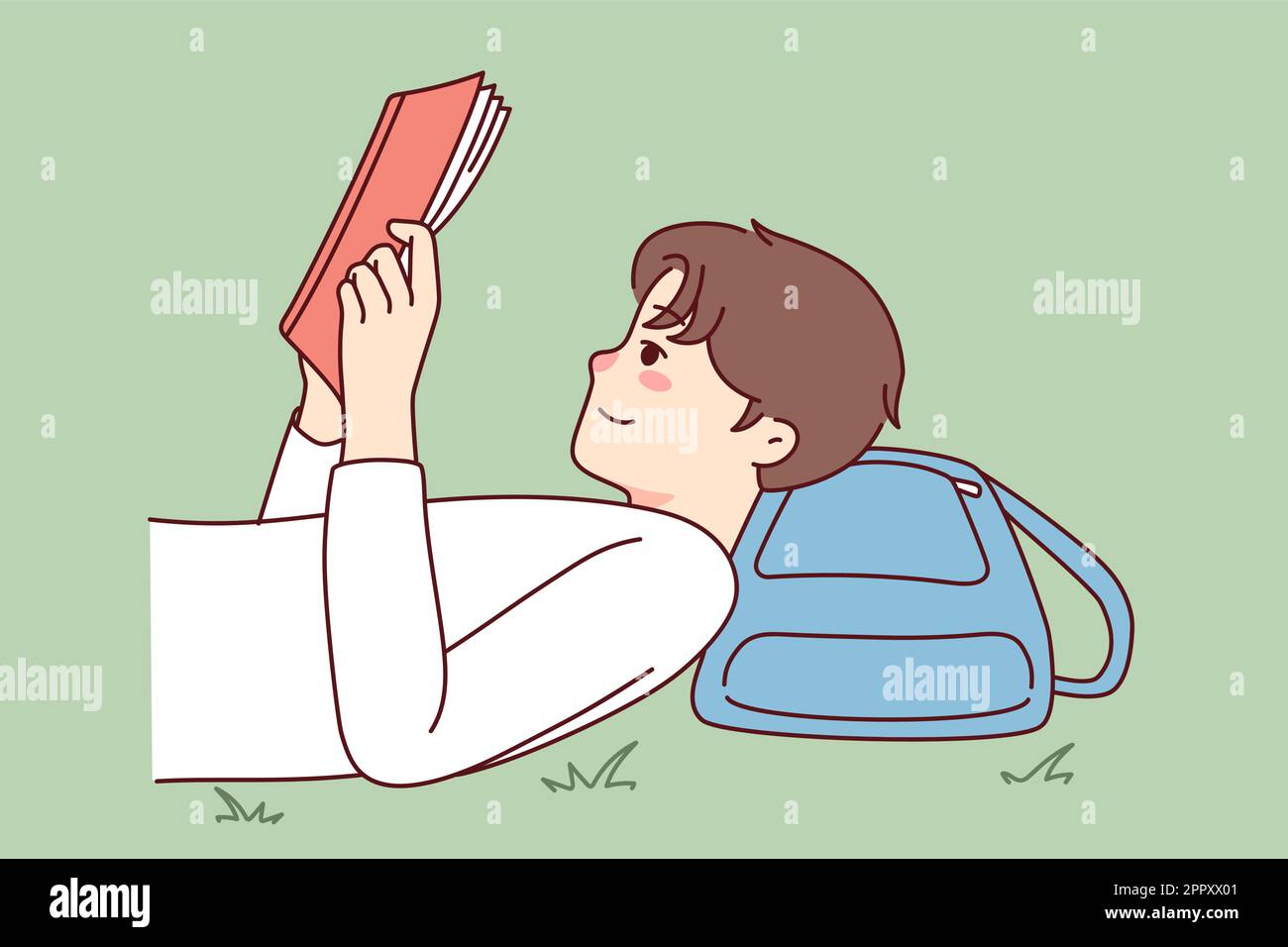 Happy guy lying on ground reading book Stock Vector