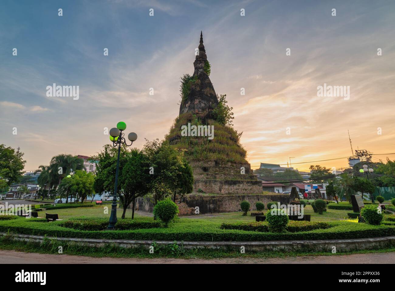 Vientiane Laos, sunrise city skyline at That Dam Stupa or Black Pagoda Stock Photo
