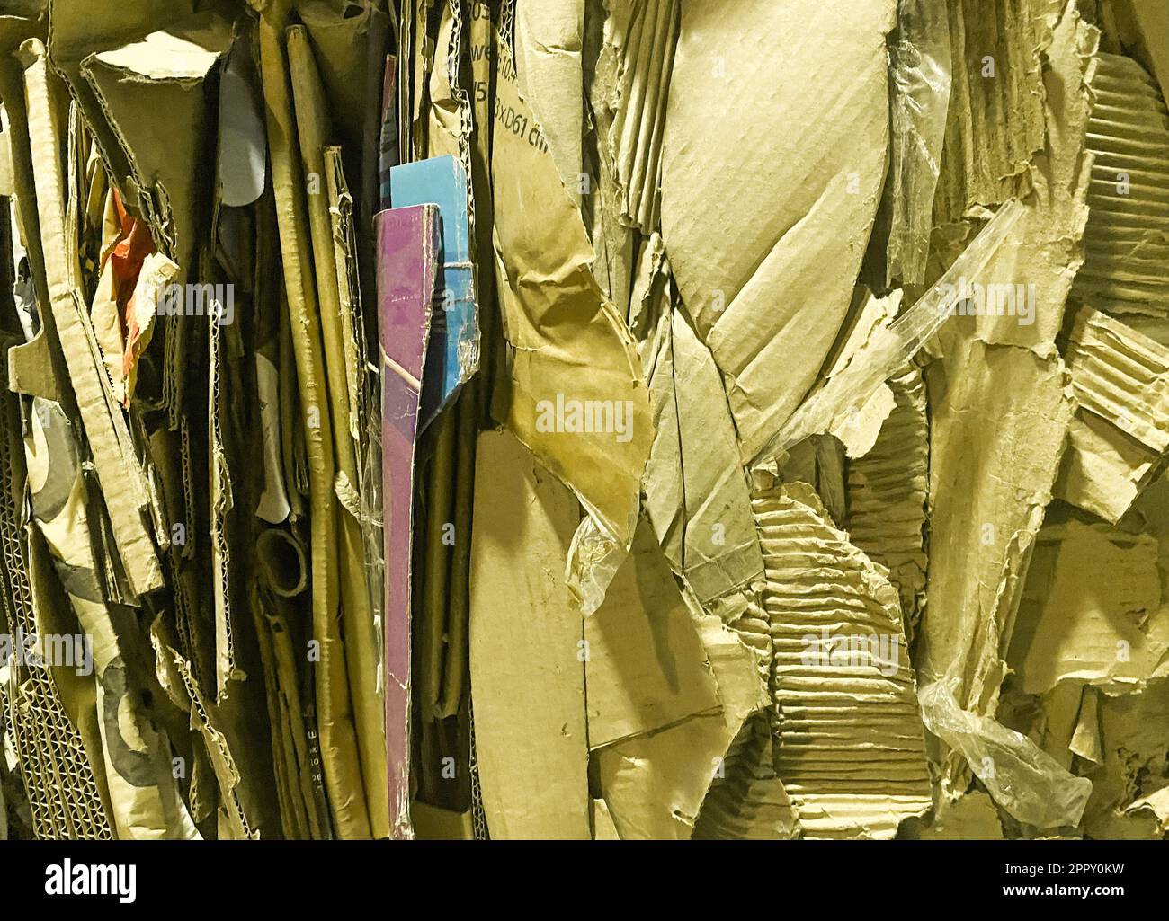 Bundle of colorful wastepaper cardboard to be recycled. Paper cardboard