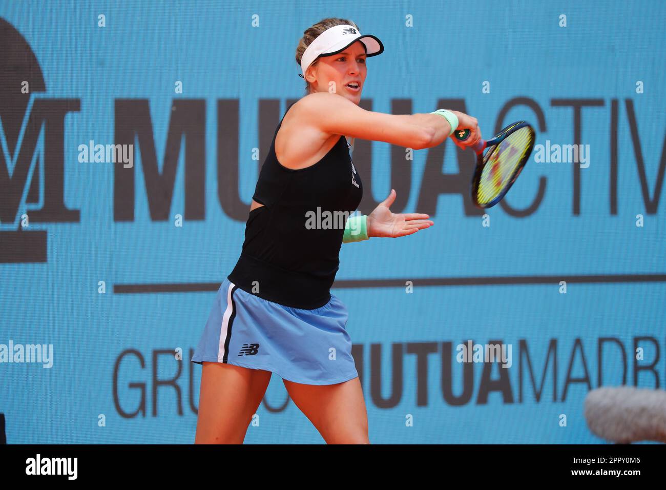 Madrid, Spain. 24th Apr, 2023. Eugenie Bouchard (CAN) Tennis : Eugenie  Bouchard during singles qualifying 1st round match against Sara Sorribes  Tormo on the WTA 1000 tournaments Mutua Madrid Open tennis tournament