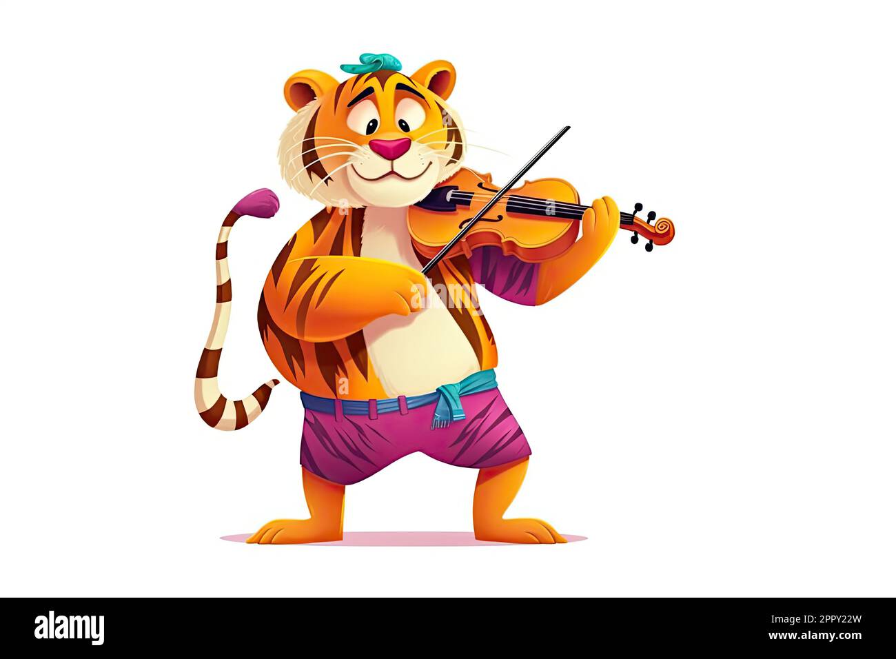 Full dressed tiger playing violin and smiling isolated on a white