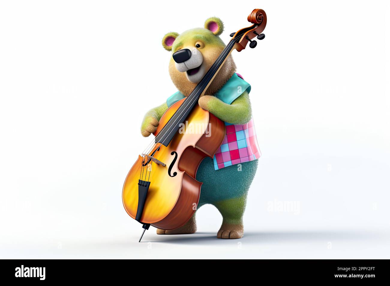 Dressed funny bear playing contrabass and smiling, isolated on a white ...