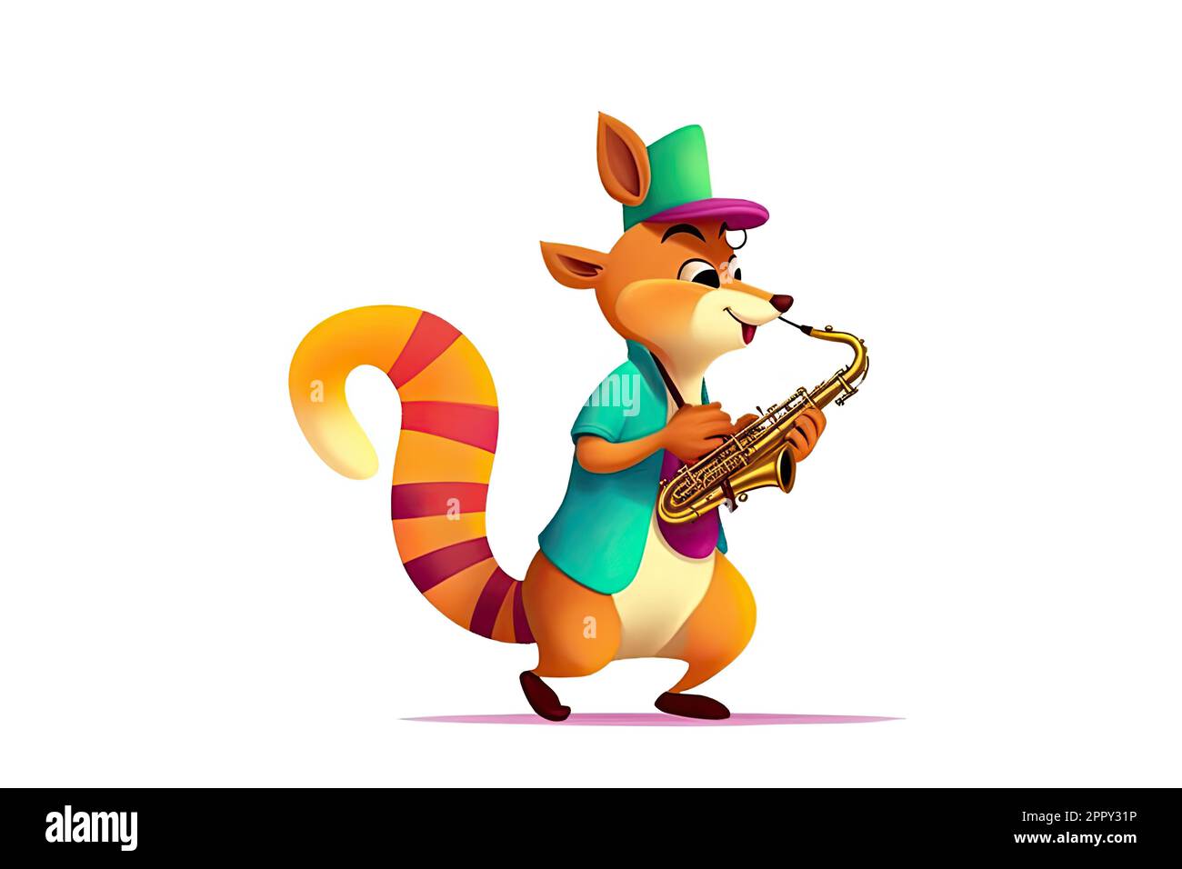 Funny raccoon playing saxophone isolated on a white, illustration Stock