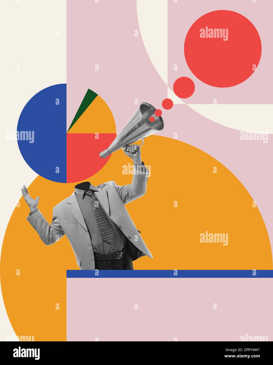 Business analytics. Man in formal wear with round circle graph shouting ...