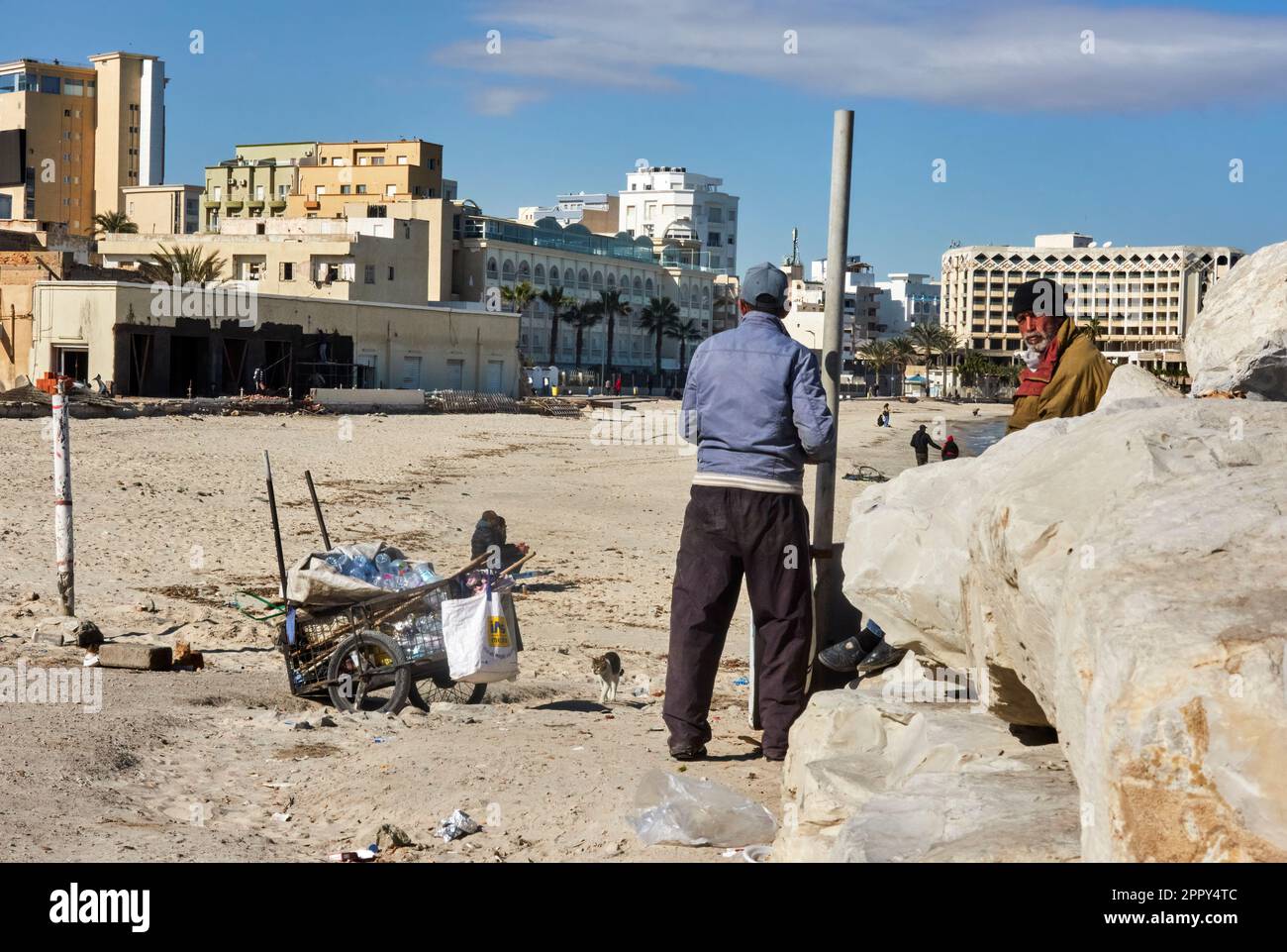 Sousse, Tunisia, January 24, 2023: Plastic waste collector for recycling on Boujaafar beach Stock Photo