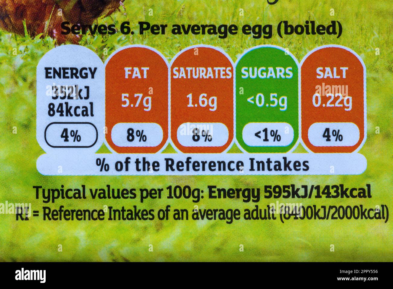 Nutritional information traffic lights system labelling colour coded label information on carton of 6 large British Free Range Eggs by Sainsbury's Stock Photo