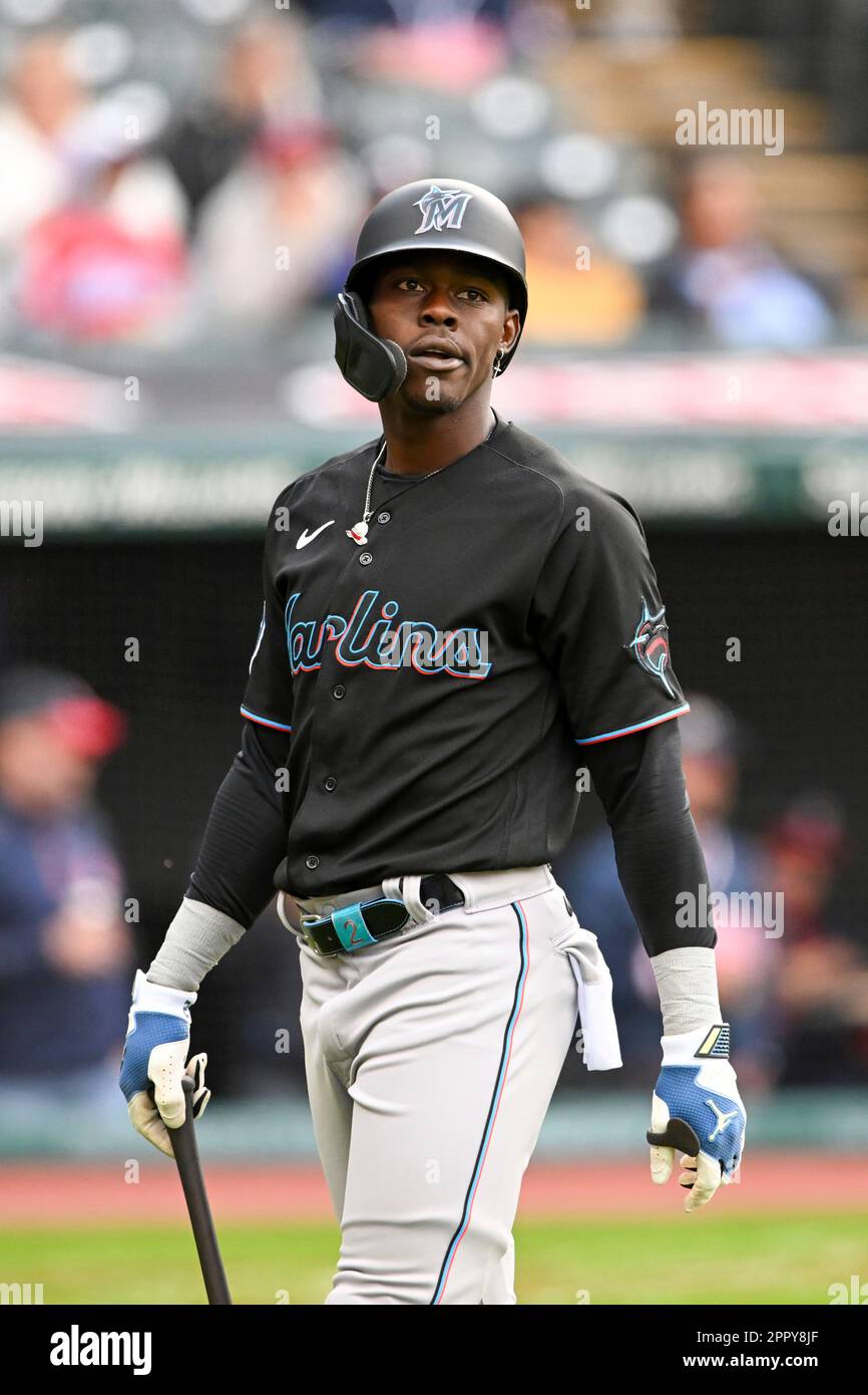 Jazz Chisholm Jr. #2 of the Miami Marlins looks on prior to a game