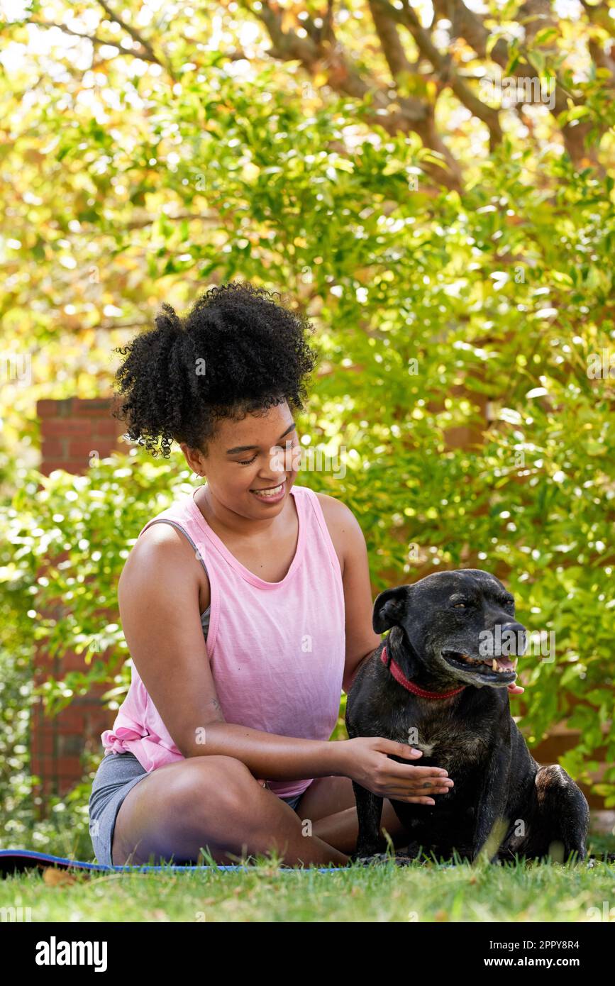 A multi-ethnic woman and her happy dog, giving attention in the park pet owner Stock Photo