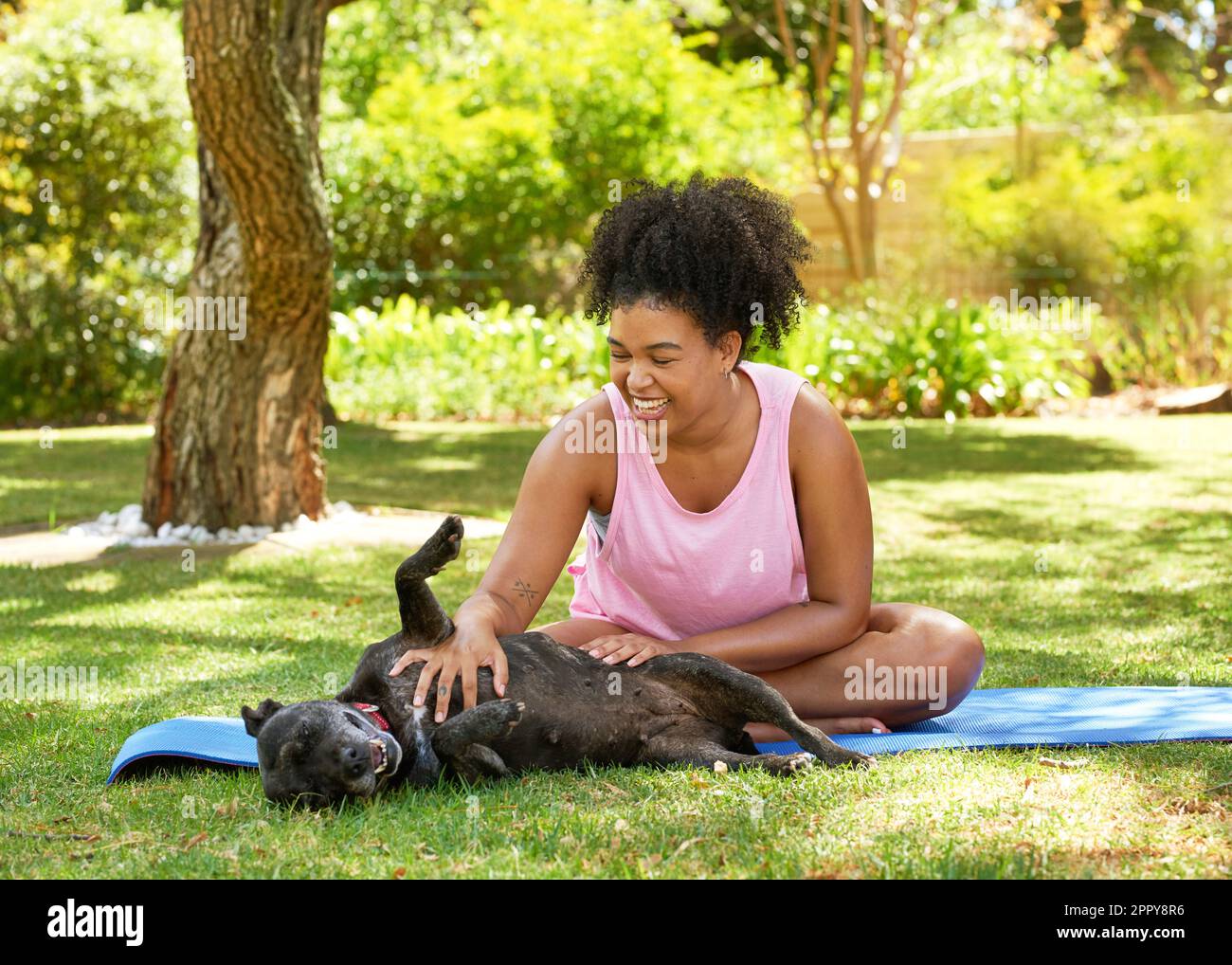 Young multi-ethnic woman gives her dog a tummy tickle on yoga mat in park Stock Photo