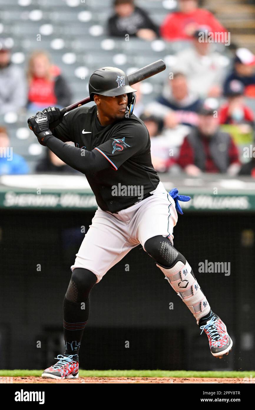 Miami Marlins' Jorge Soler bats during the third inning in the first  baseball game of a doubleheader against the Cleveland Guardians, Saturday,  April 22, 2023, in Cleveland. (AP Photo/Nick Cammett Stock Photo 