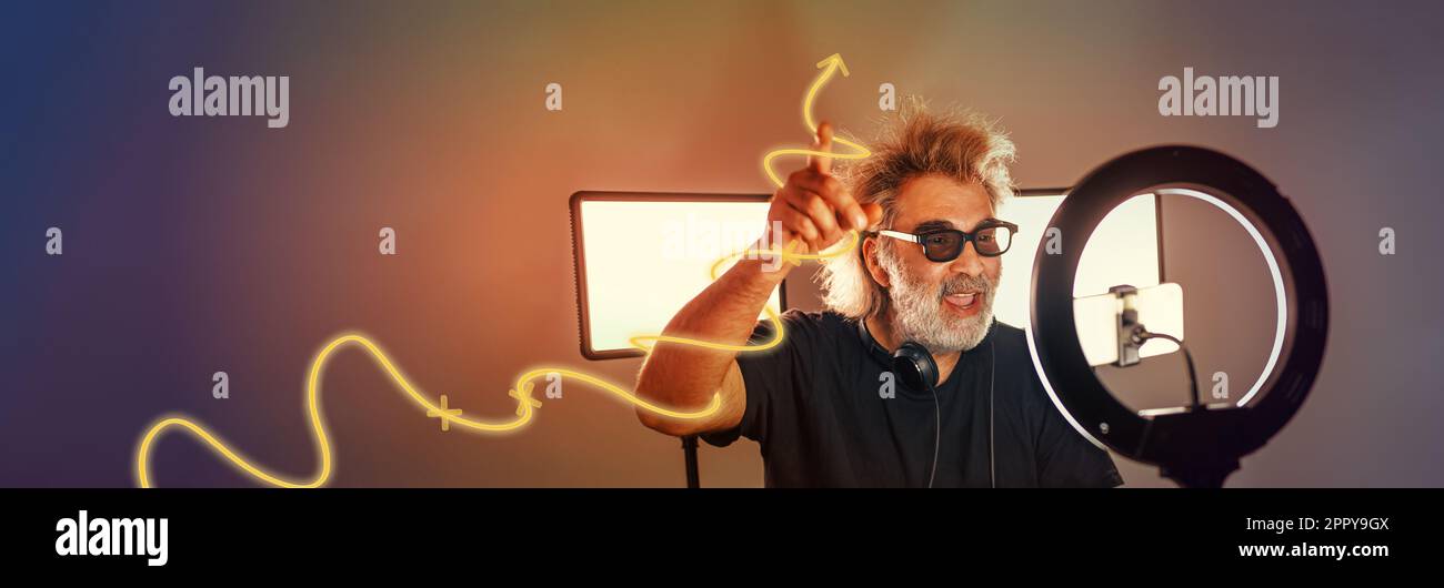 Radio host, charming influencer, records a live show with equipment