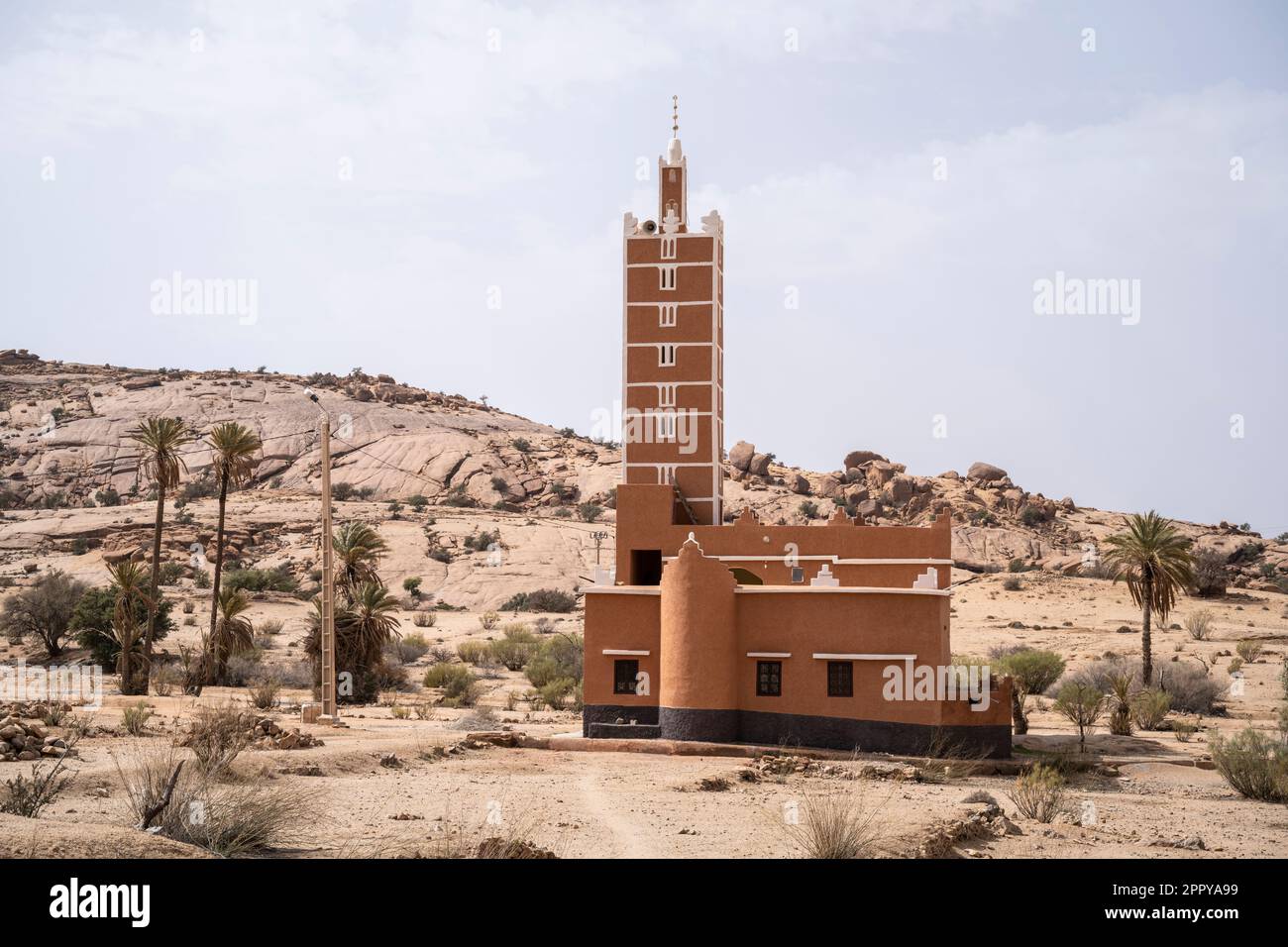 Mosque in a desert village on the outskirts of Tafraoute. Stock Photo