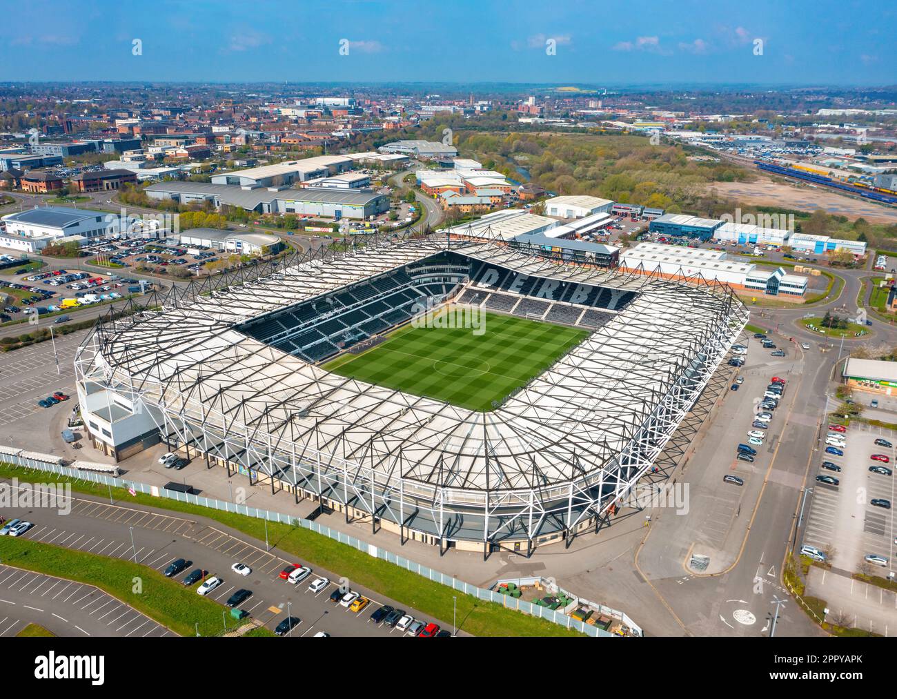 Derby County Football Club, Pride Park Stadium. Aerial Image. 18th April 2023 Stock Photo