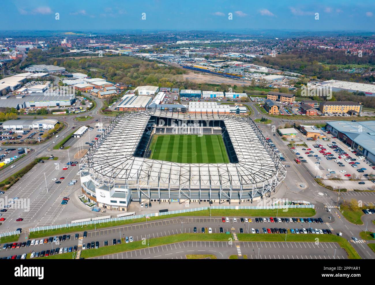 Derby County Football Club, Pride Park Stadium. Aerial Image. 18th April 2023 Stock Photo