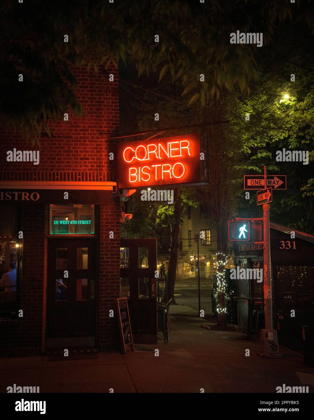 Corner Bistro vintage neon sign at night, Manhattan, New York Stock
