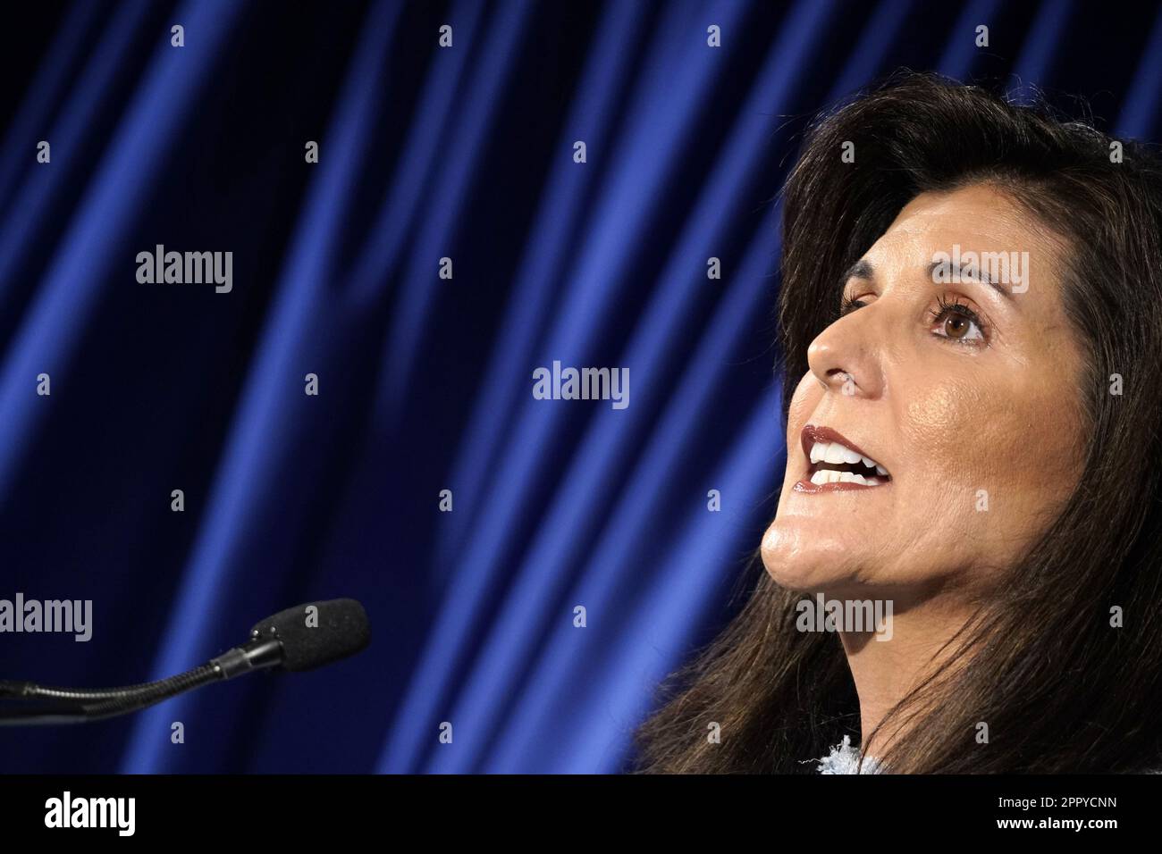 Arlington, United States. 25th Apr, 2023. Republican Presidential candidate and former U.S. ambassador to the United Nations Nikki Haley speaks on her abortion stance during an event at the Susan B. Anthony Pro-Life America's Offices in Arlington, Virginia on Tuesday, April 25, 2023. Photo by Bonnie Cash/UPI Credit: UPI/Alamy Live News Stock Photo