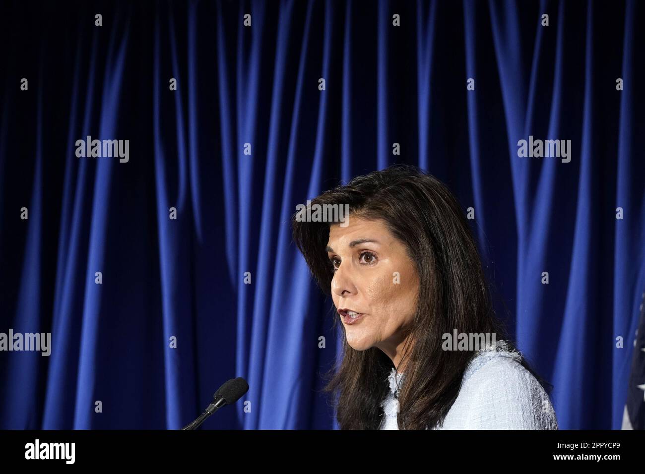 Arlington, United States. 25th Apr, 2023. Republican Presidential candidate and former U.S. ambassador to the United Nations Nikki Haley speaks on her abortion stance during an event at the Susan B. Anthony Pro-Life America's Offices in Arlington, Virginia on Tuesday, April 25, 2023. Photo by Bonnie Cash/UPI Credit: UPI/Alamy Live News Stock Photo