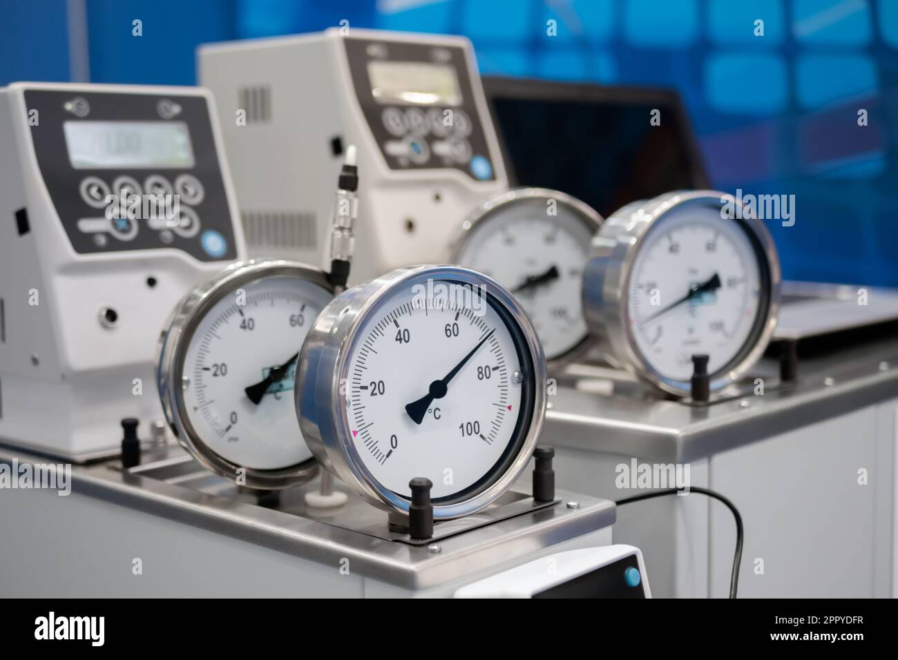 Glycerin pressure gauge for measuring fluid condition at exhibition, factory Stock Photo