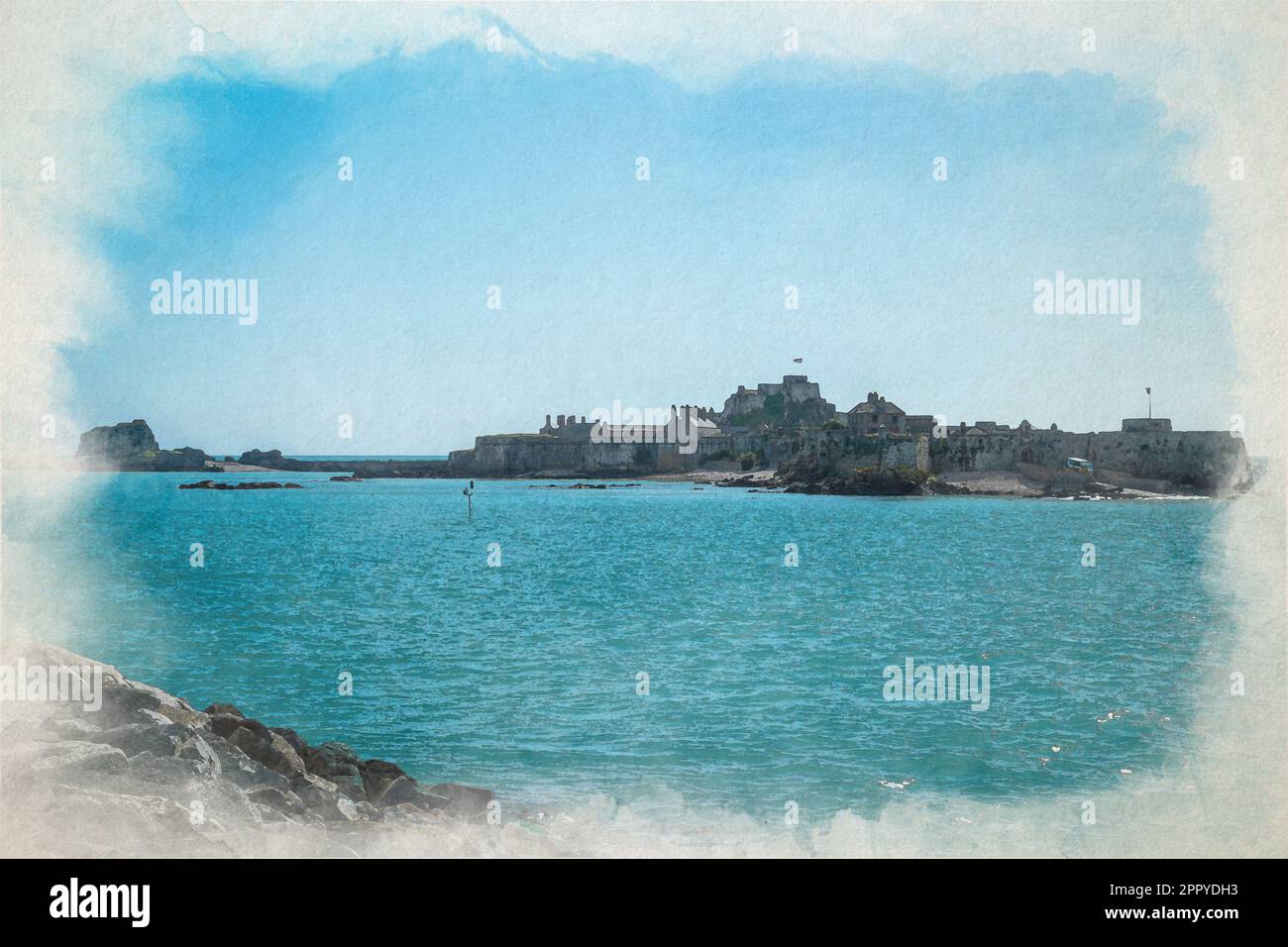Elizabeth Castle digital watercolour painting. St Helier harbour of the British Crown Dependency