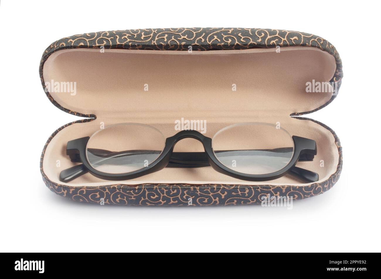 Studio shot of a pair of glasses with case cut out against a white background - John Gollop Stock Photo
