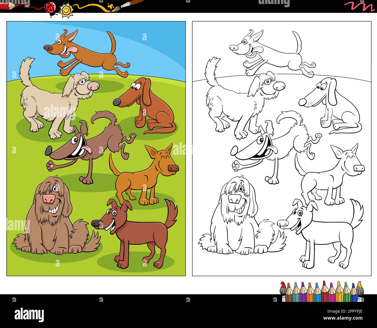 happy cartoon dogs animal characters coloring page Stock Vector Image ...
