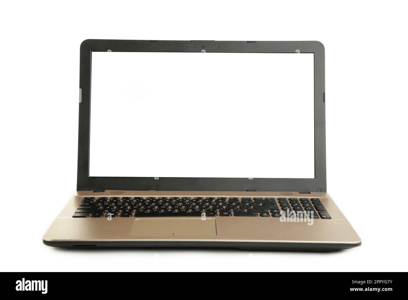 Laptop Withe Screen Laptop with blank white screen isolated on white background. Top view ...