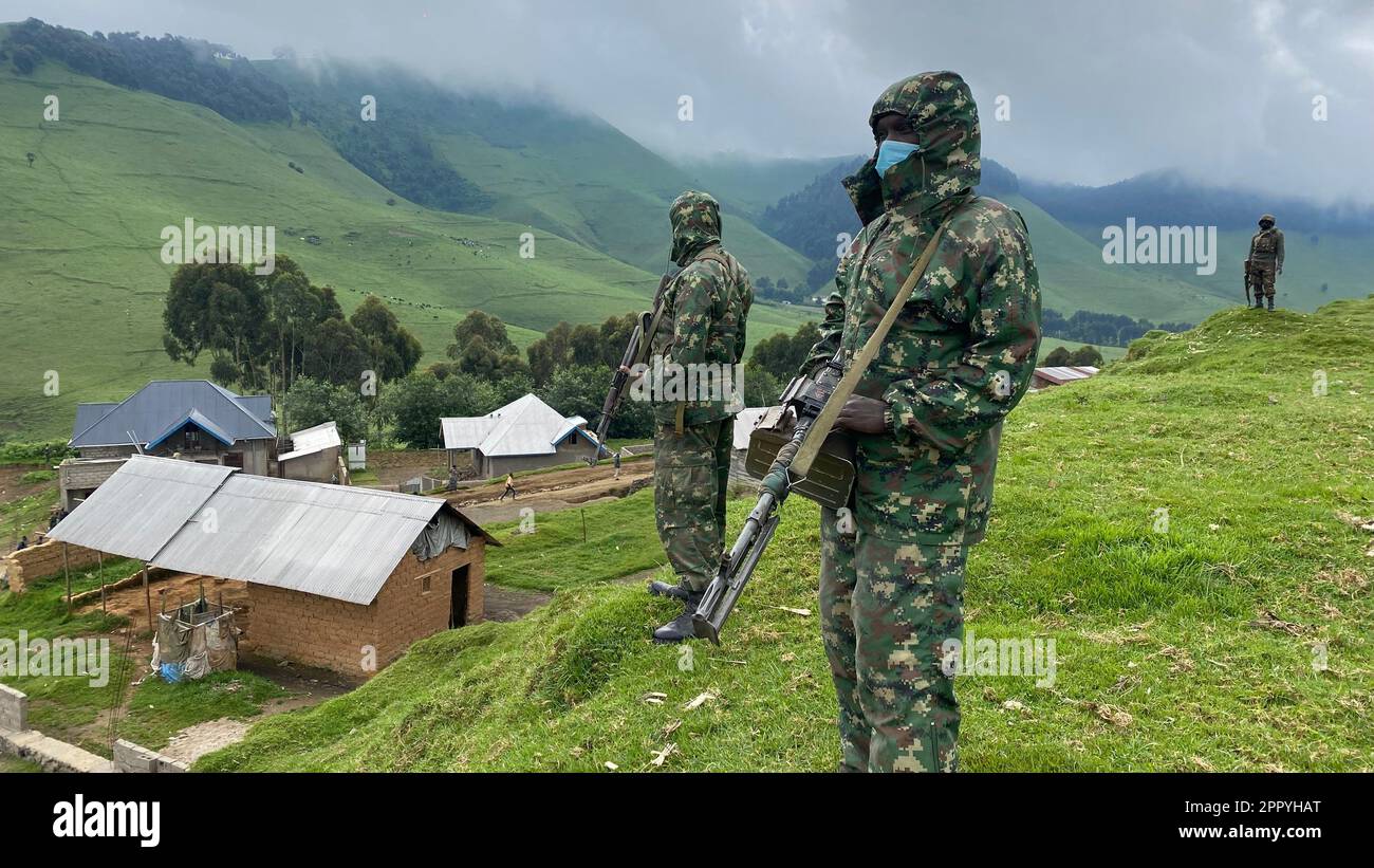 (230425) -- GOMA, April 25, 2023 (Xinhua) -- This photo taken on April 21, 2023 shows soldiers of the Regional Force formed by the East African Community (EAC) in Mushaki, North Kivu province, the Democratic Republic of the Congo (DRC). As the March 23 Movement (M23) rebels have been withdrawing from occupied villages and towns in the eastern Democratic Republic of the Congo (DRC), Jeff Nyagah, commander of the Regional Force formed by the East African Community (EAC), says he is pleased with the positive progress in the withdrawal process.TO GO WITH 'EAC regional force says M23 withdrawal mak Stock Photo
