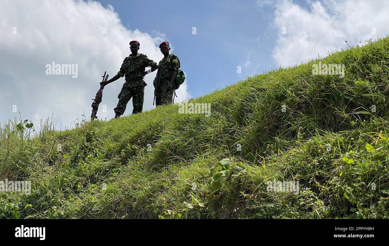 (230425) -- GOMA, April 25, 2023 (Xinhua) -- This photo taken on April 20, 2023 shows soldiers of the Regional Force formed by the East African Community (EAC) in Kilolirwe, North Kivu province, the Democratic Republic of the Congo (DRC). As the March 23 Movement (M23) rebels have been withdrawing from occupied villages and towns in the eastern Democratic Republic of the Congo (DRC), Jeff Nyagah, commander of the Regional Force formed by the East African Community (EAC), says he is pleased with the positive progress in the withdrawal process.TO GO WITH 'EAC regional force says M23 withdrawal m Stock Photo