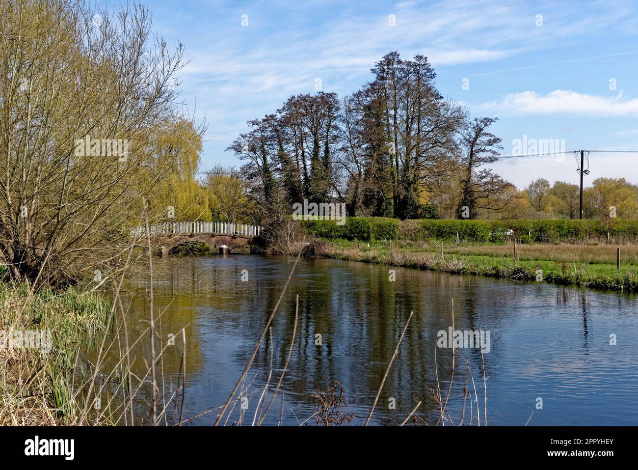 English spring landscape with River Avon (Bristol Avon) at Upper Woodford near Salisbury in Southern England, United Kingdom Stock Photo