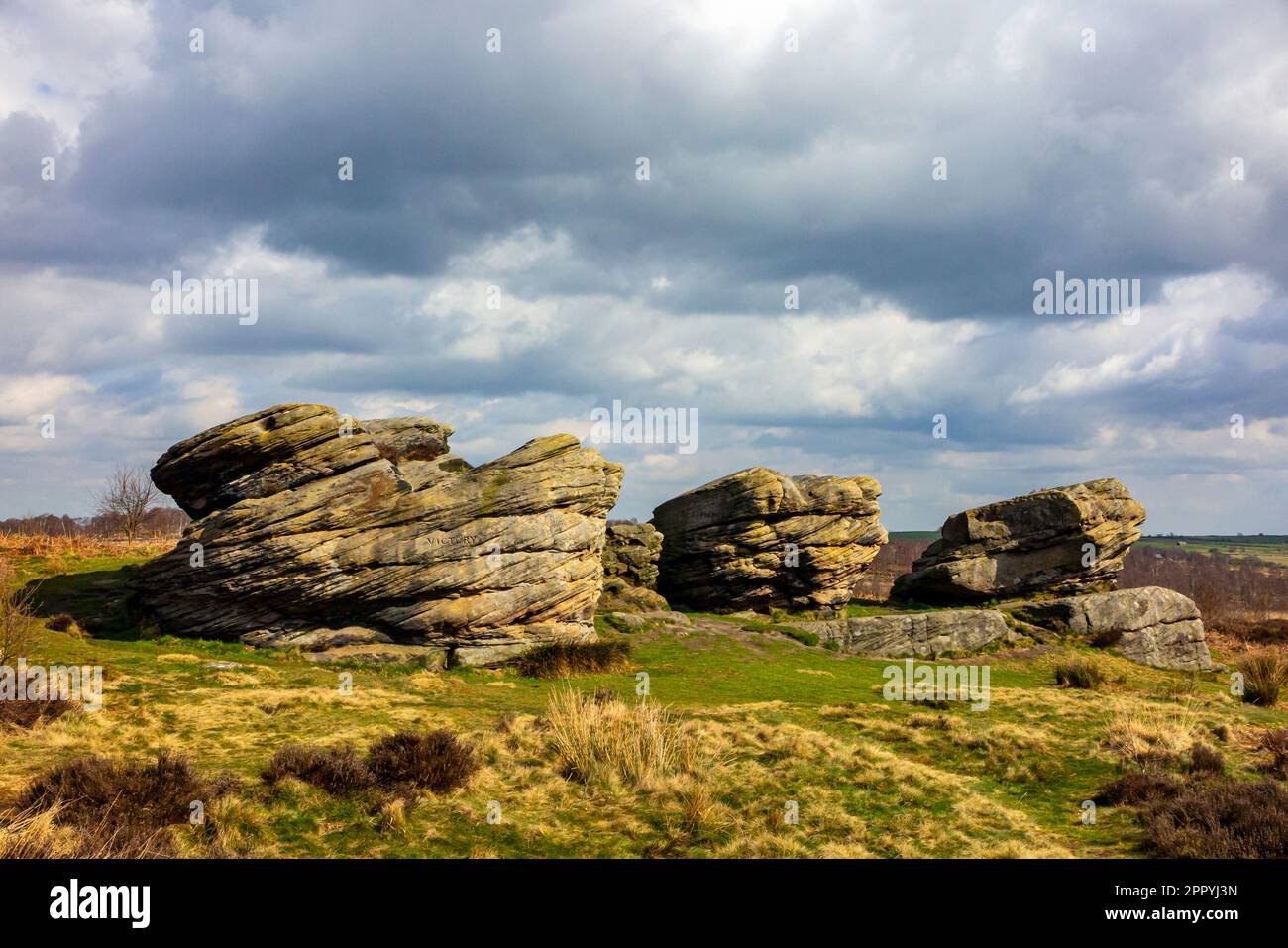 The Three Ships rock formation at Birchen Edge near Baslow in the Peak ...