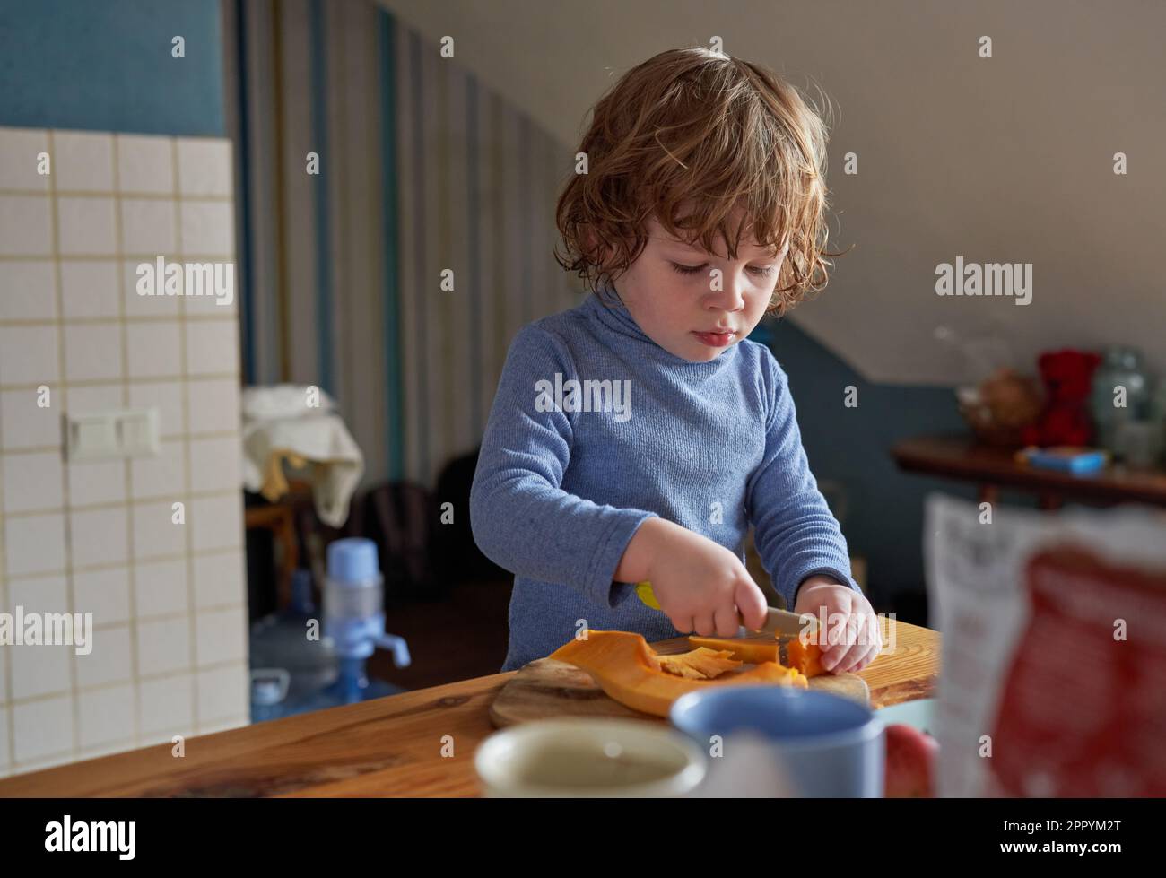 A little boy works in the kitchen, he cuts a pumpkin Stock Photo