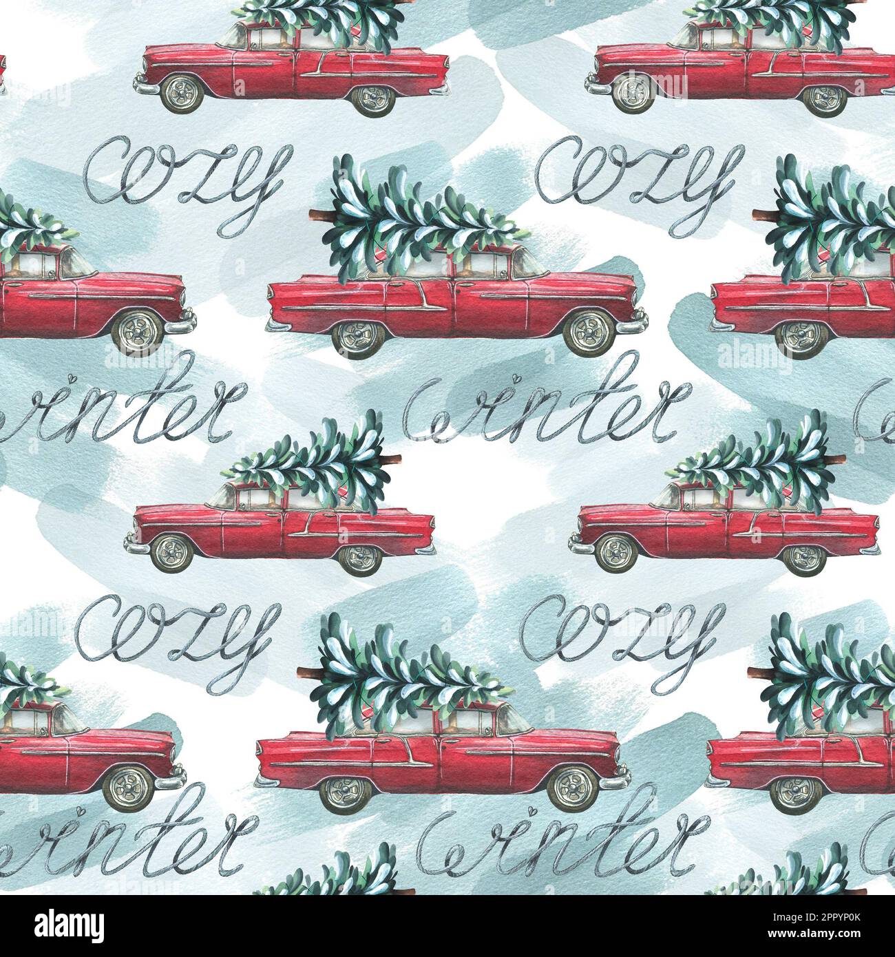 Red retro car with a Christmas tree on the roof, with the inscription ...