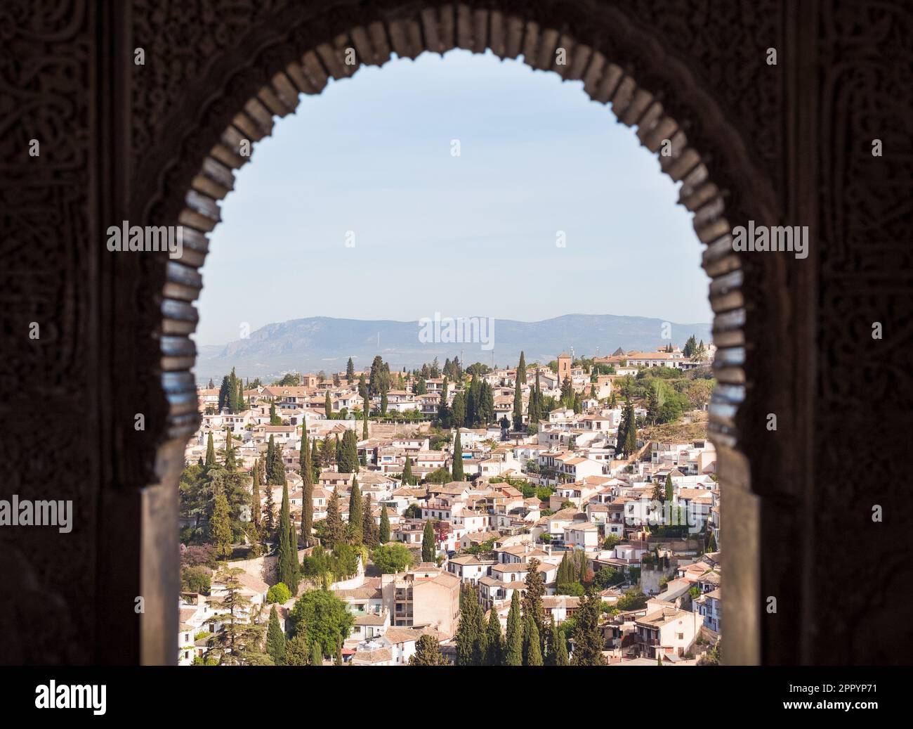 Albacin old town roofs top view from the stucco decoration window in