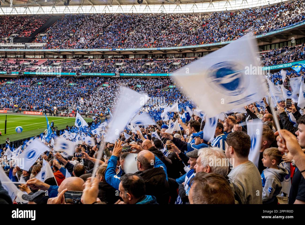 Brighton and Hove Albion Football Fans (More Than 36,000) Await The Start of The 2023 FA Cup Semi Final, Wembley Stadium, London, UK Stock Photo