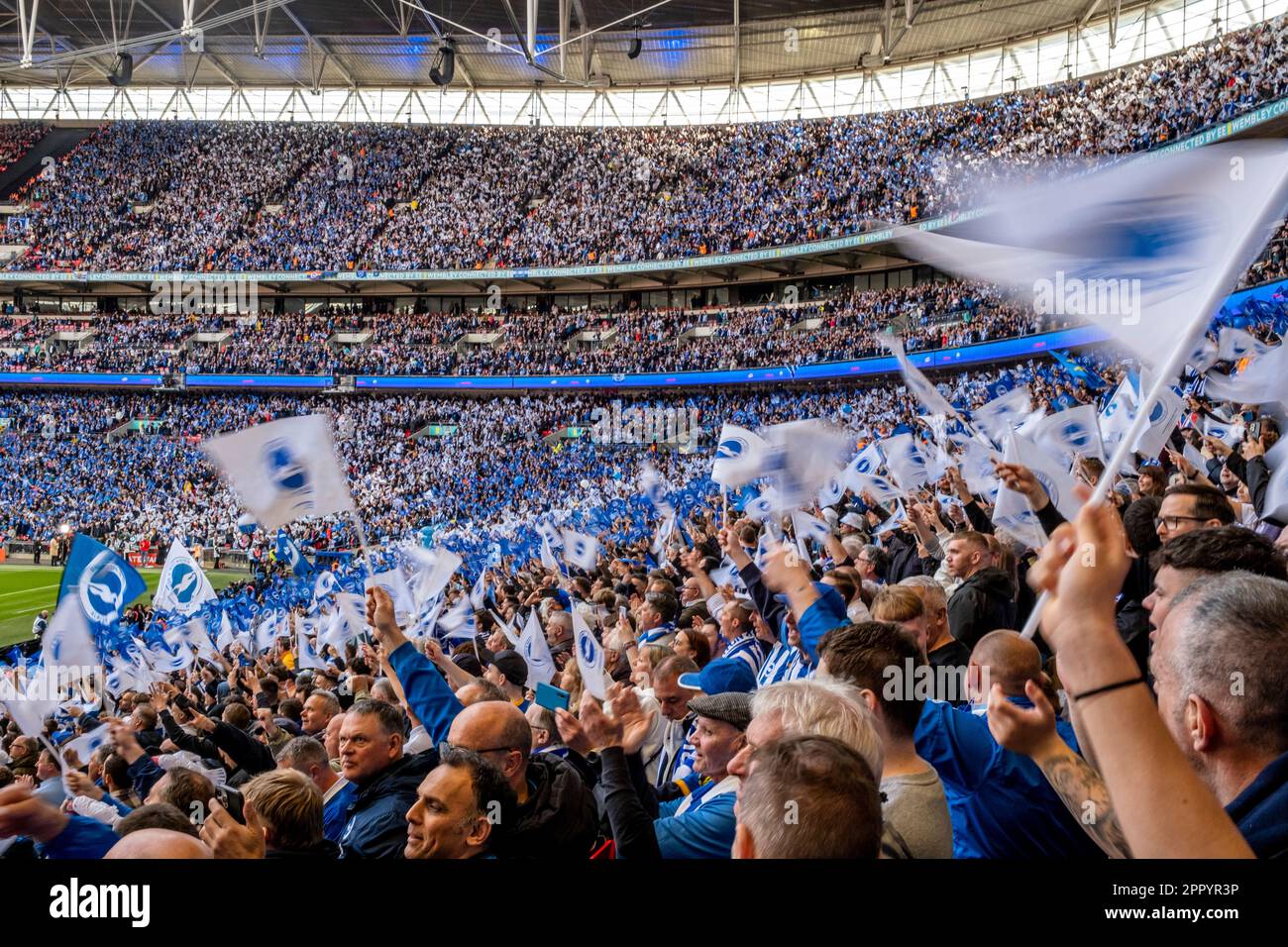 Brighton and Hove Albion Football Fans (More Than 36,000) Await The Start of The 2023 FA Cup Semi Final, Wembley Stadium, London, UK Stock Photo