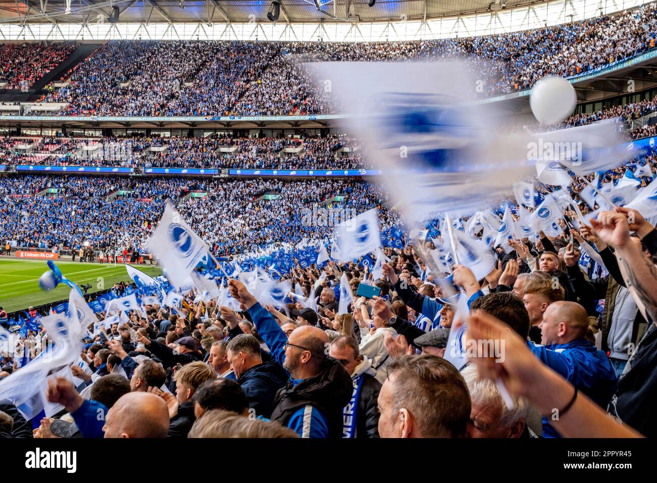 Brighton and Hove Albion Football Fans (More Than 36,000) Await The Start of The 2023 FA Cup Semi Final, Wembley Stadium, London, UK Stock Photo