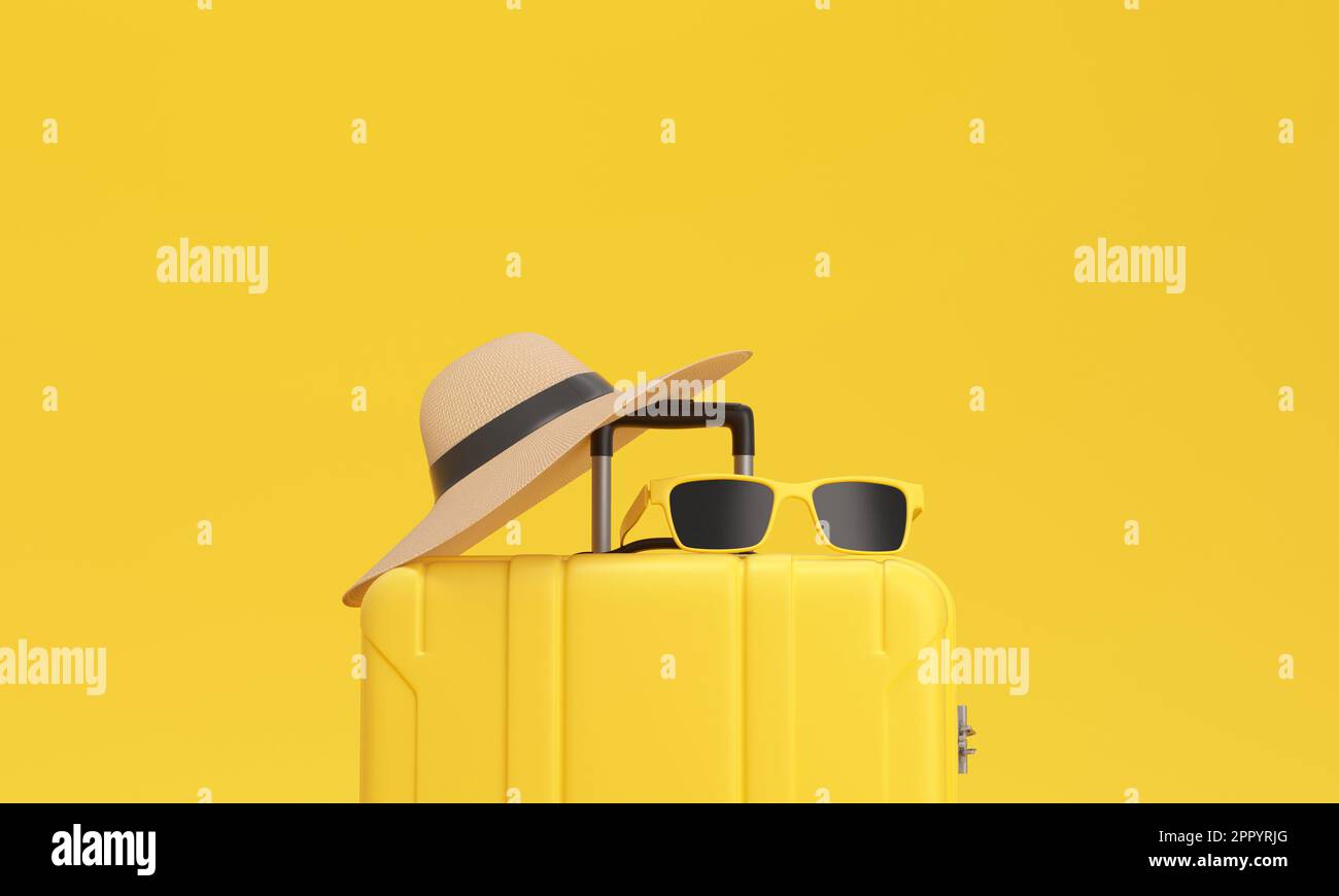 Close up of a Suitcase with sun glasses and hat on yellow background. Vacation concept. 3d rendering. Stock Photo