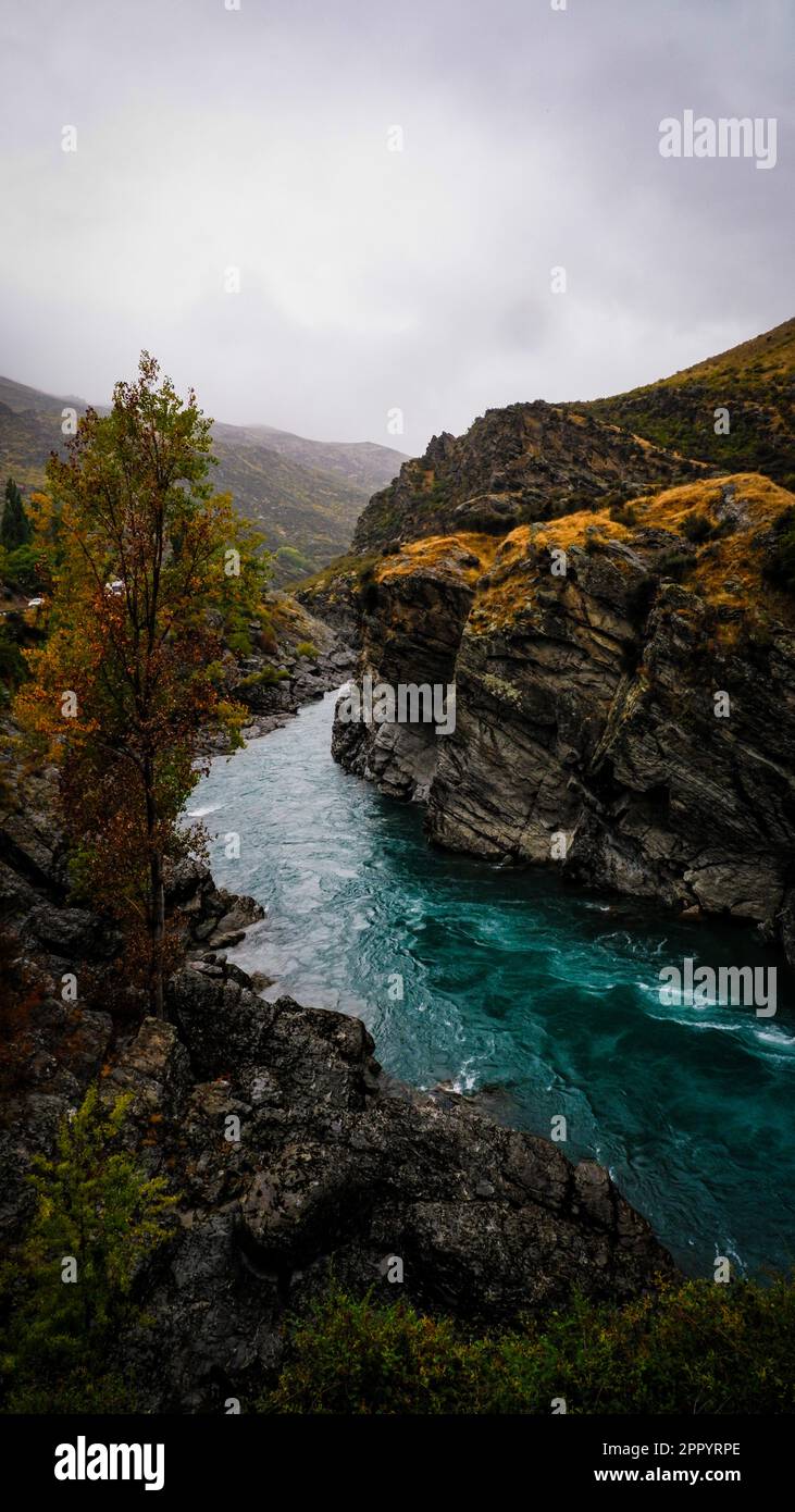 Turquoise water of a glacial river bursting at the seams after the rain, South Island, New Zealand Stock Photo