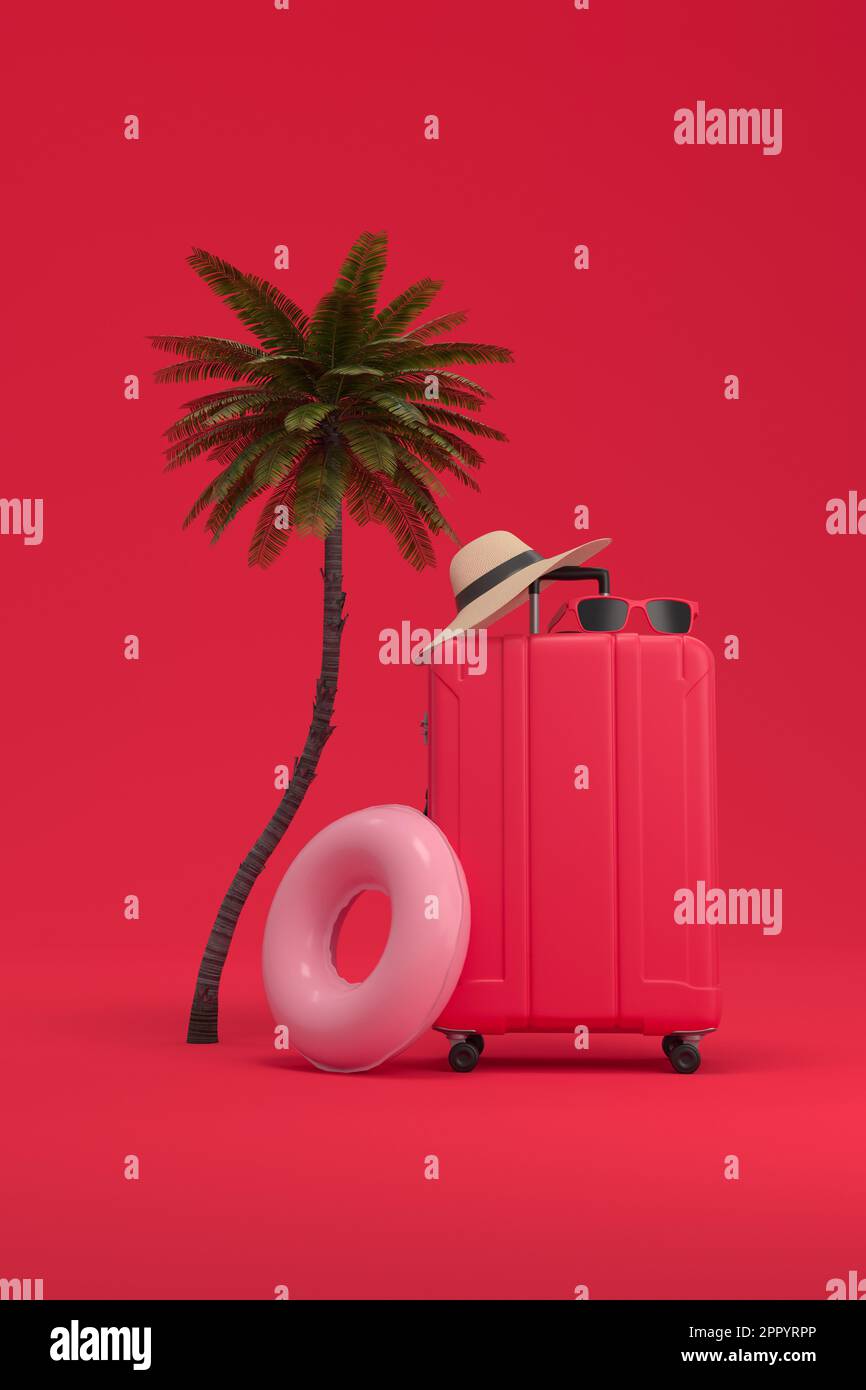 Palm tree, pink float, hat, sun glasses and red Suitcase on on magenta background. Exotic Vacation concept on the beach. 3d rendering. Stock Photo