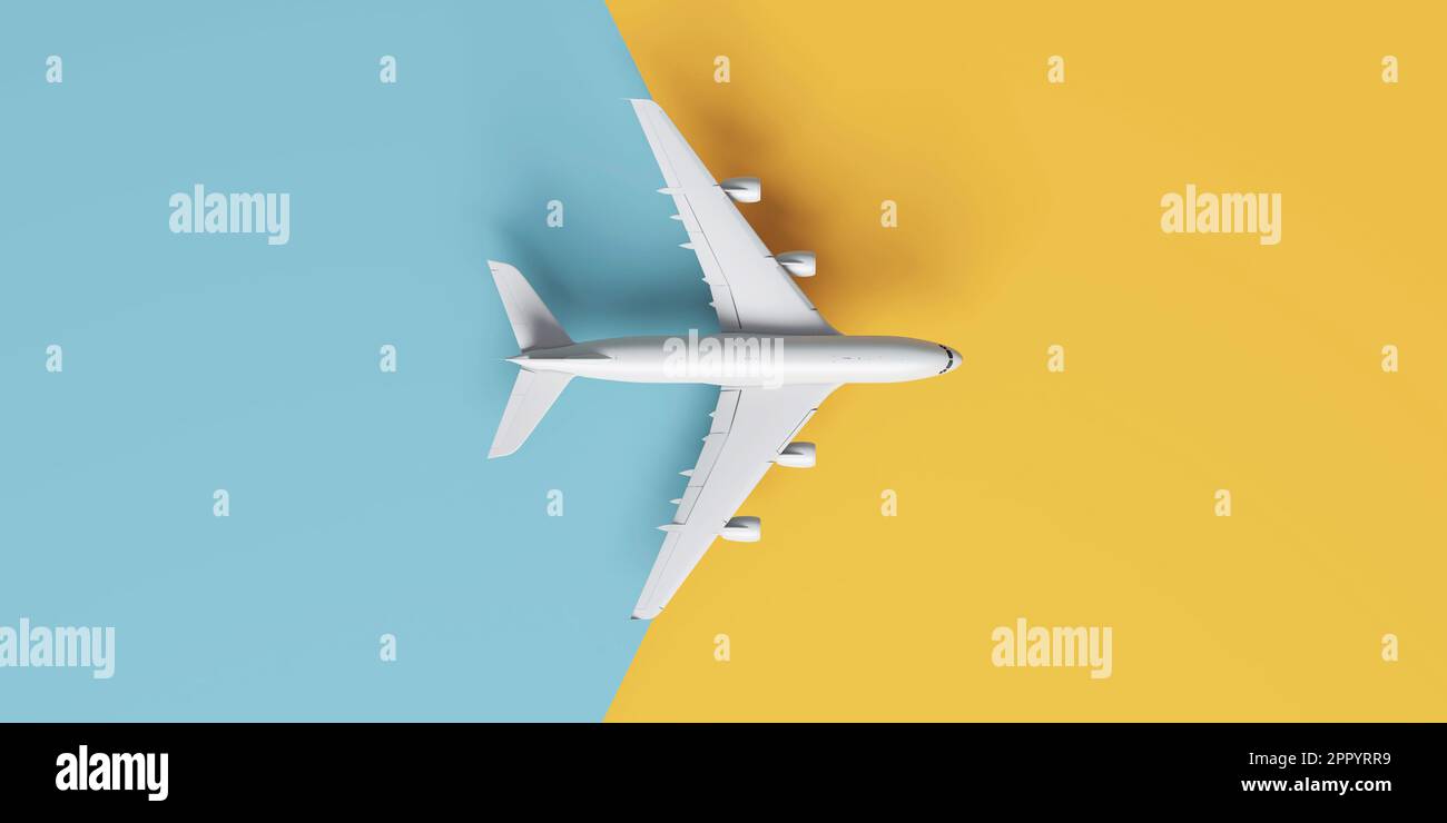Flat lay design of travel concept with plane on yellow and blue runway. 3D rendering. Stock Photo