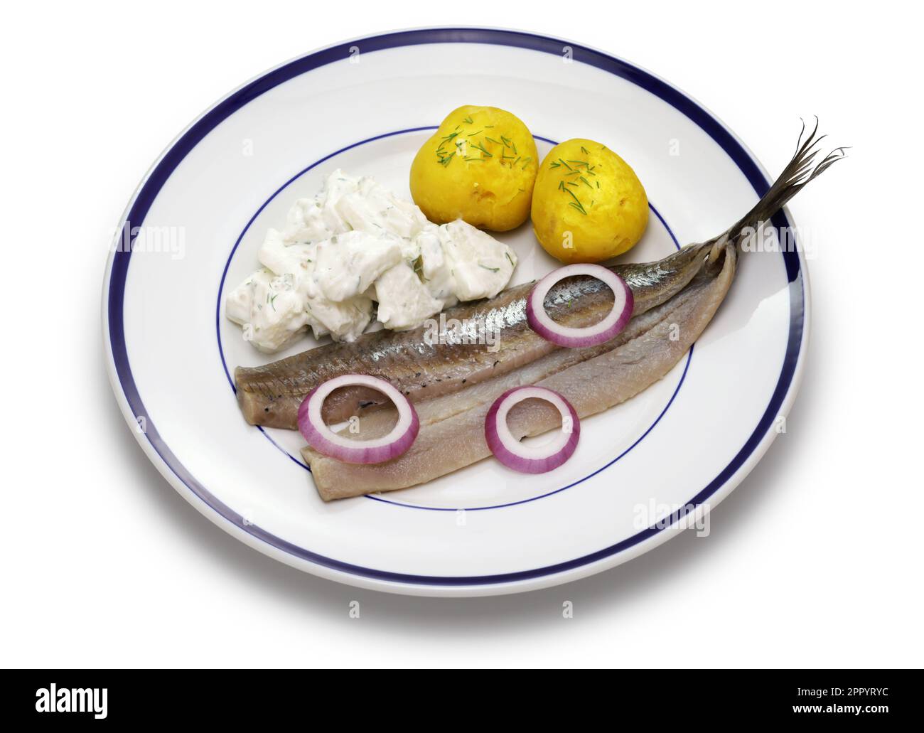pickled young herring fillet ( matjes ) with boiled potato Stock Photo