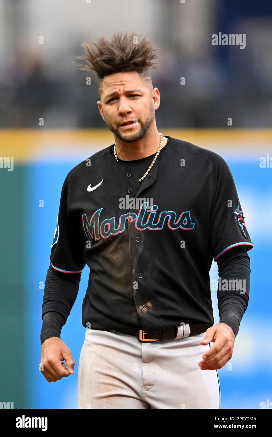 Miami Marlins' Yuli Gurriel looks on during the fourth inning in the first  baseball game of a doubleheader against the Cleveland Guardians, Saturday,  April 22, 2023, in Cleveland. (AP Photo/Nick Cammett Stock
