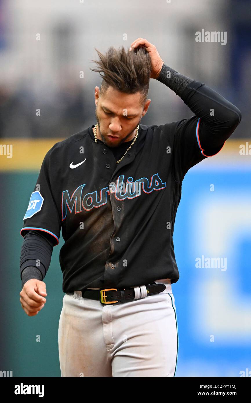 Miami Marlins' Yuli Gurriel looks on during the fourth inning in