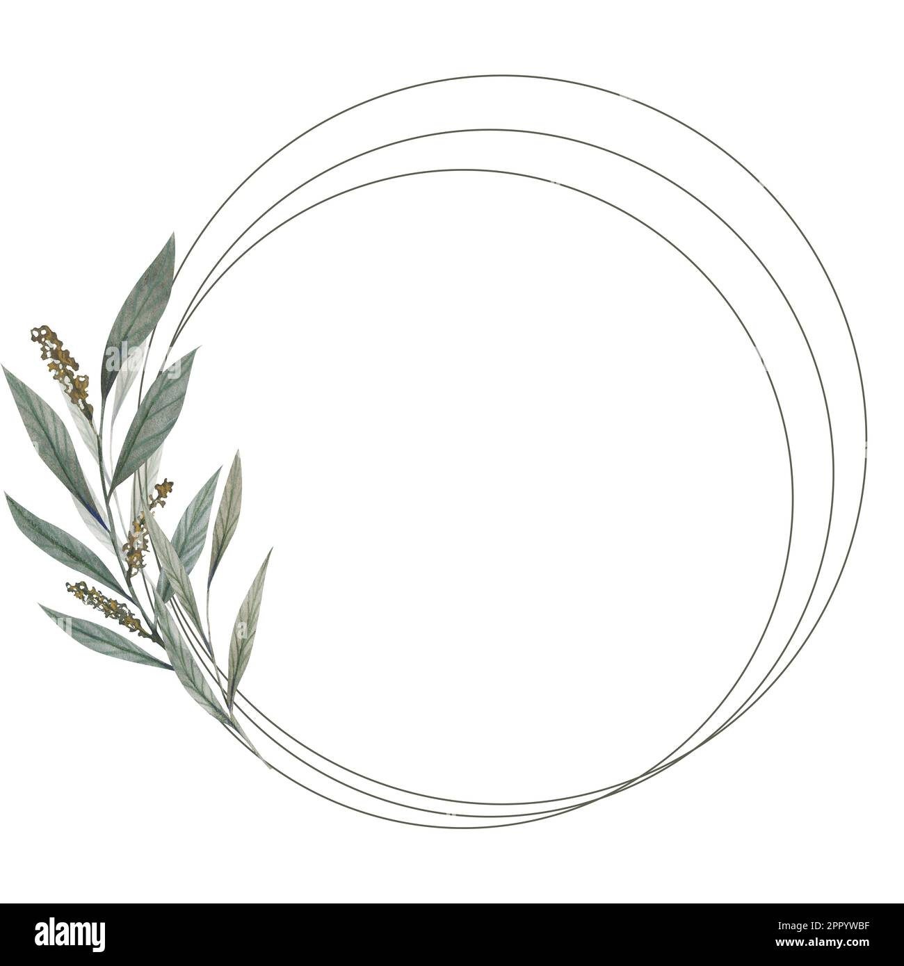 Watercolor floral illustration - leaf wreath. Frame with gold geometric ...