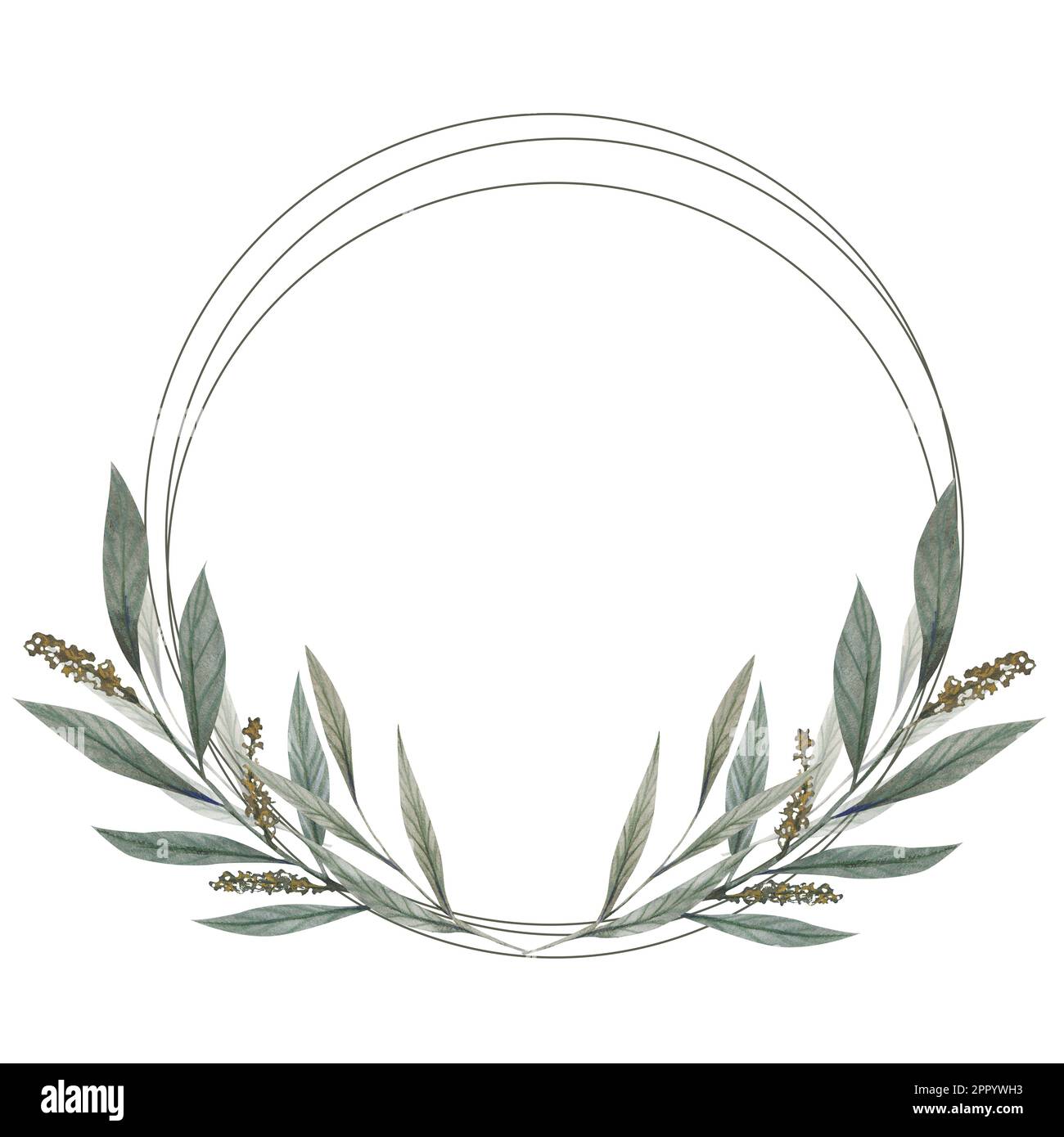 Watercolor floral illustration - leaf wreath. Frame with gold geometric ...